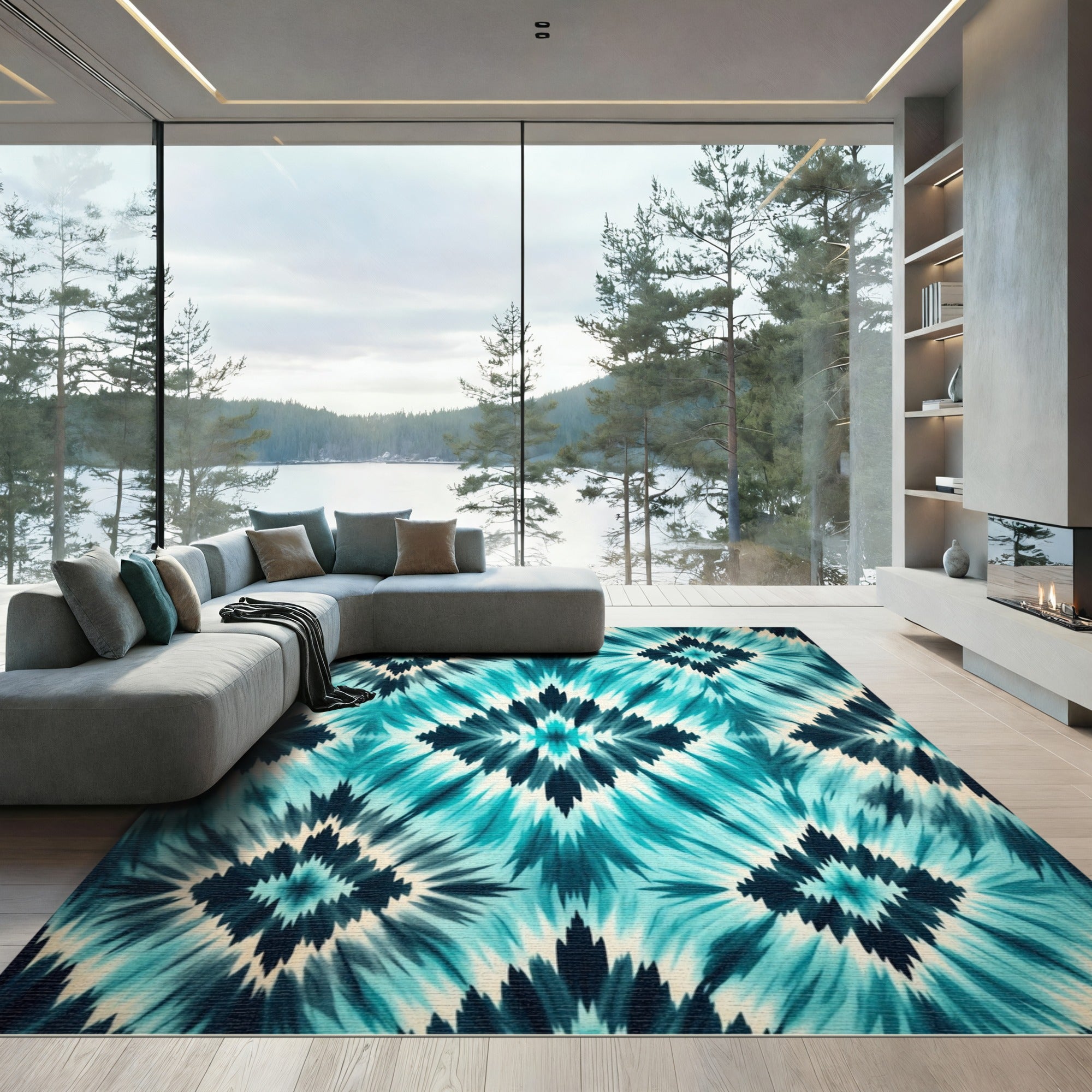 Teal Abstract Diamond Burst Rug