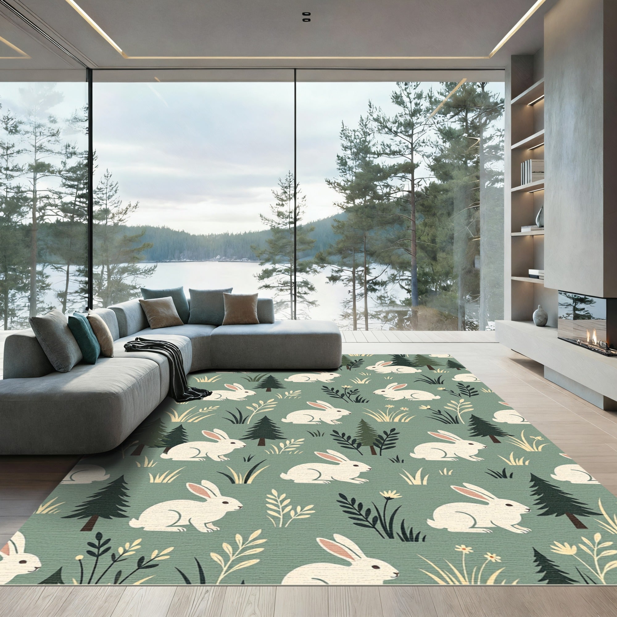 Whimsical Sage Green Woodland Bunny Forest Rug