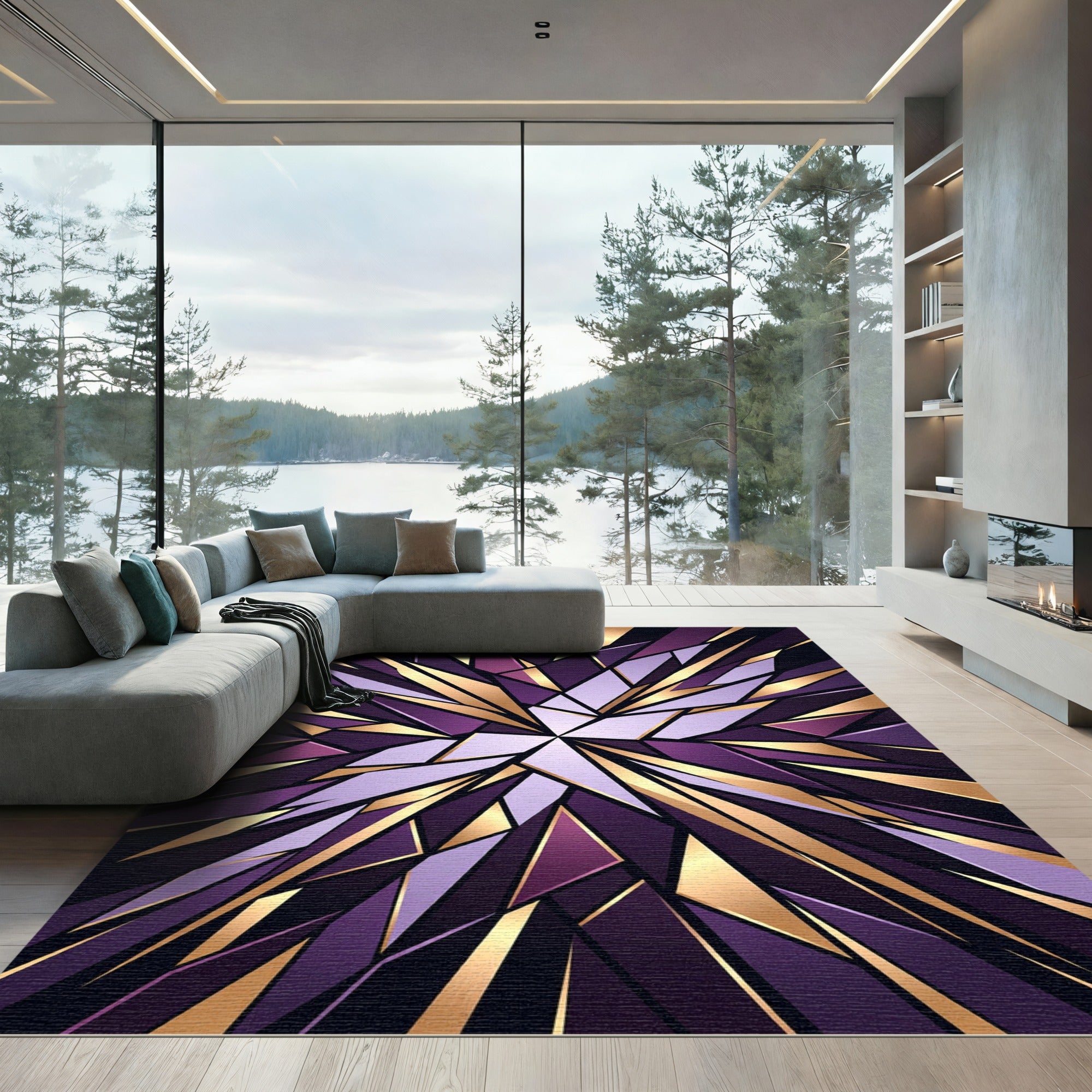 Geometric Gold and Deep Amethyst Shards Rug