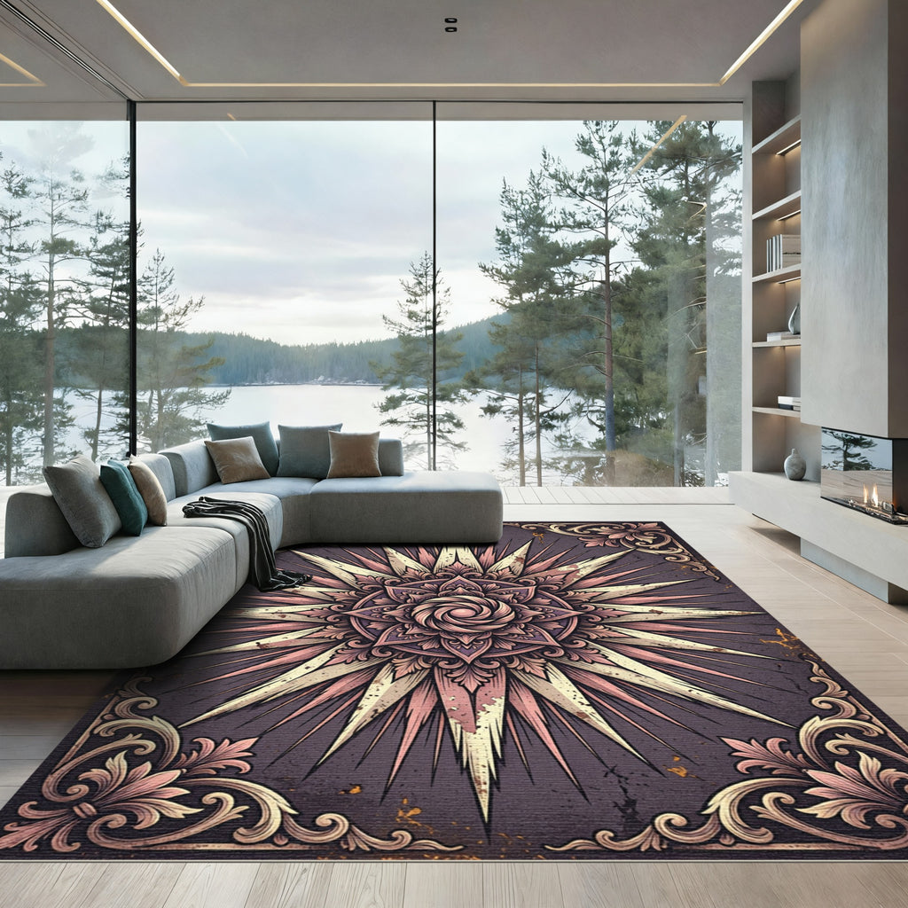 Vintage Mauve Ornate Sunburst Medallion Rug