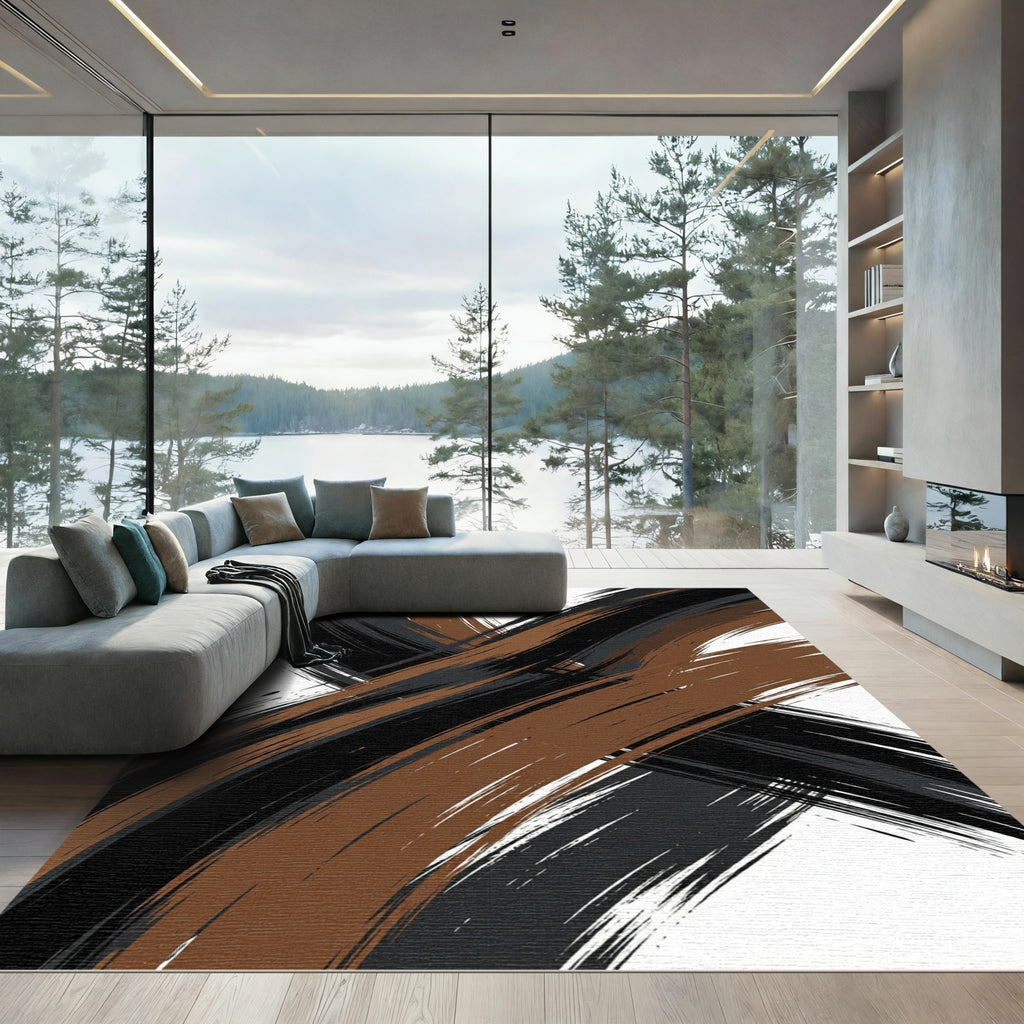 Earthy Brown and Black Abstract Swirl Rug