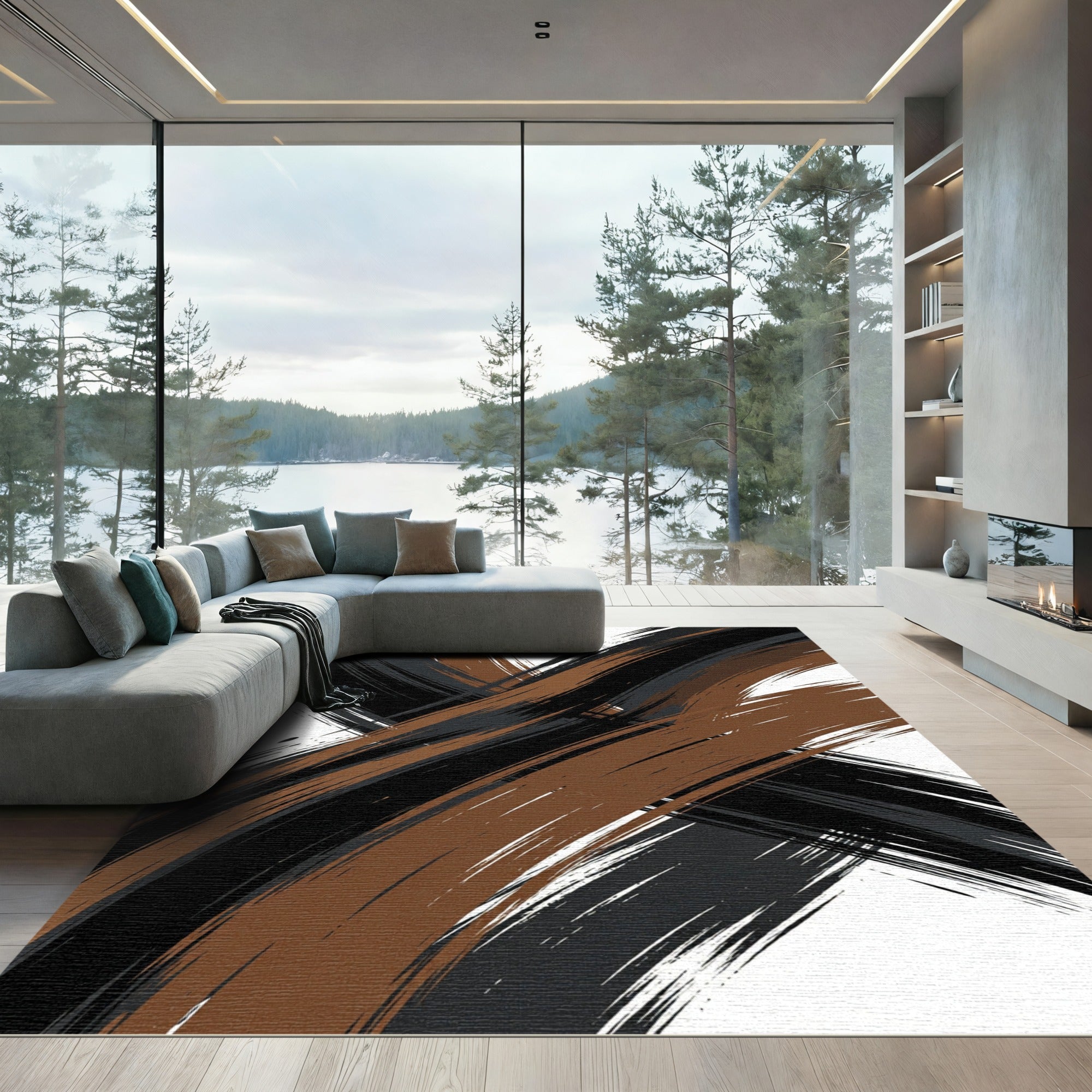 Earthy Brown and Black Abstract Swirl Rug