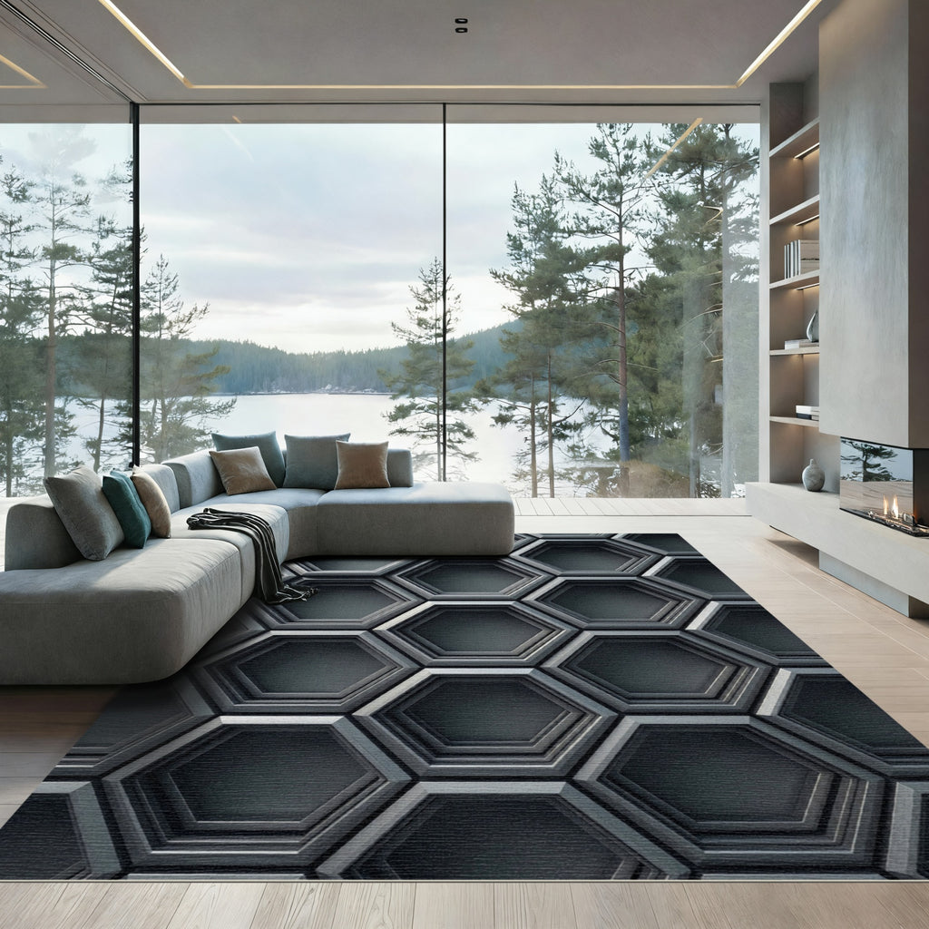 Metallic Gray Geometric Honeycomb Texture Rug