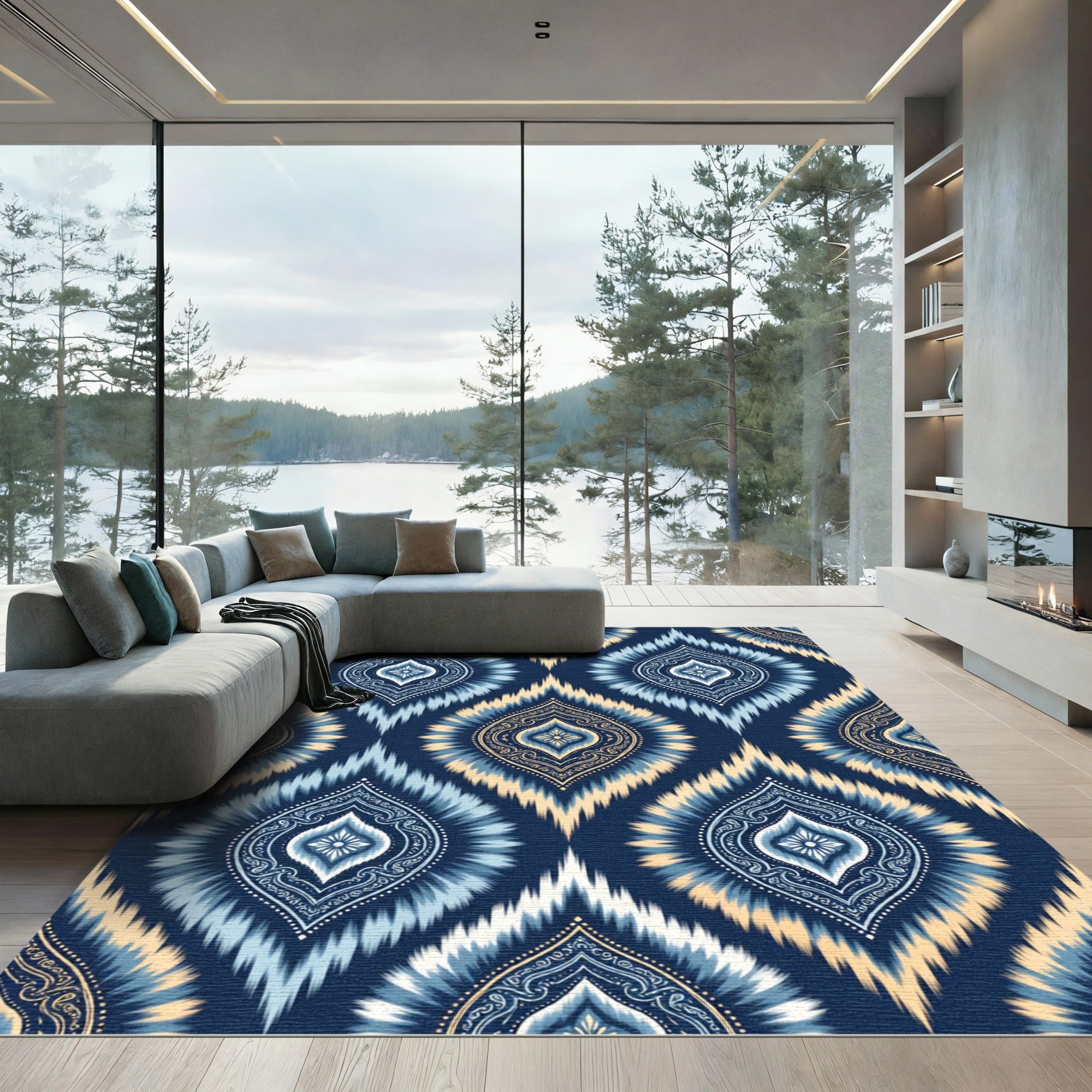 Deep Blue Ikat Diamond Medallion Rug