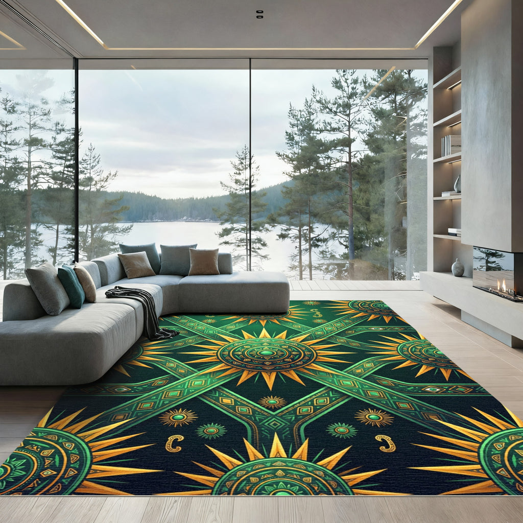 Emerald Sunburst Geometric Mandala Rug