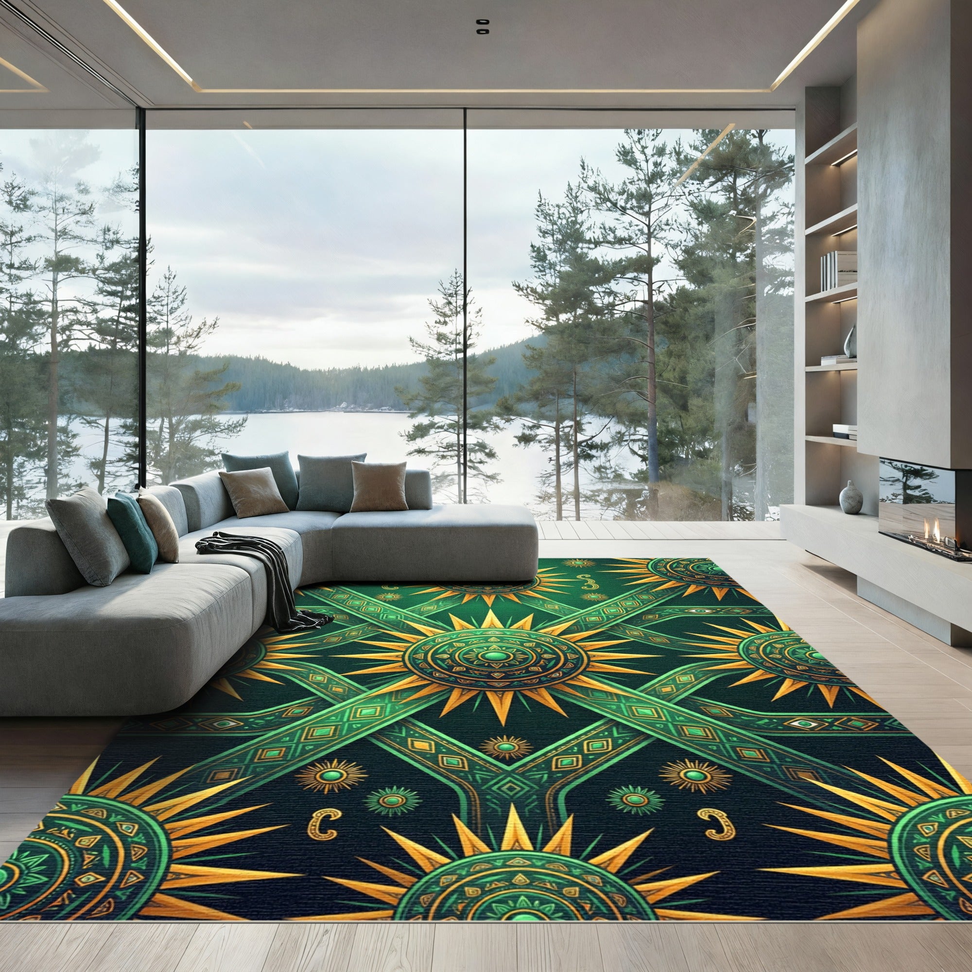 Emerald Sunburst Geometric Mandala Rug