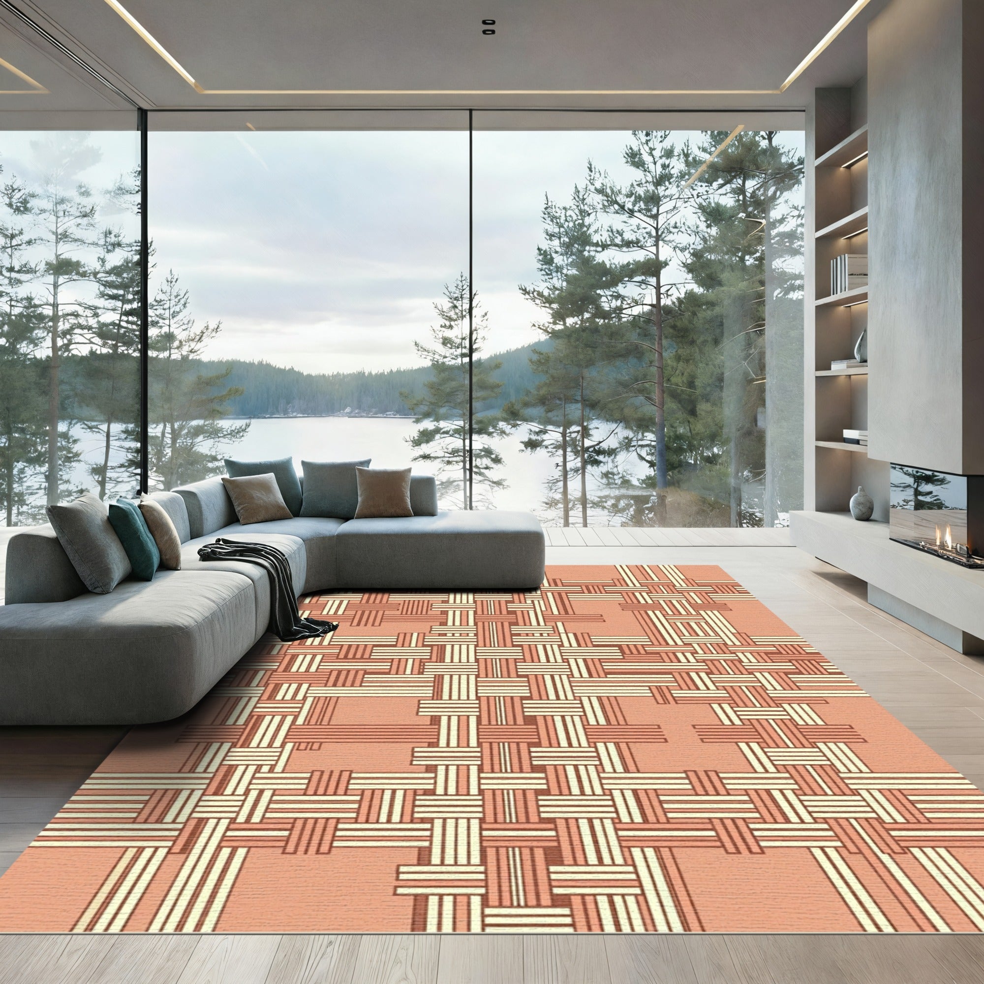 Terracotta Orange Woven Plaid Rug