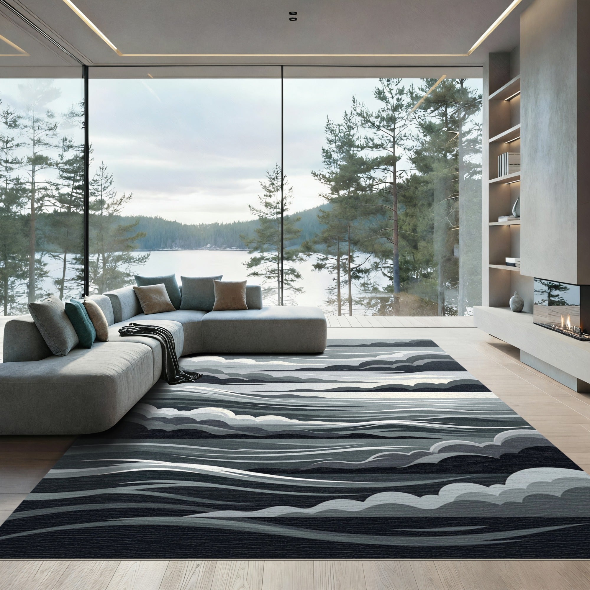 Monochrome Abstract Stormy Ocean Wave Rug