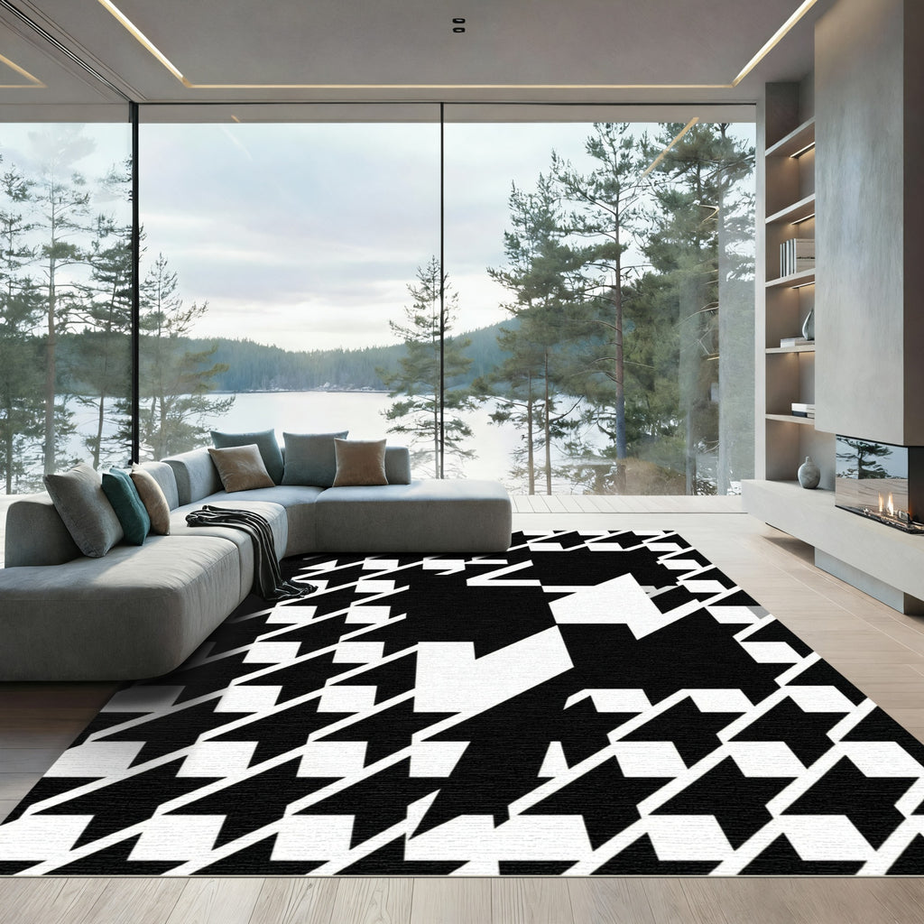 Bold Black and White Houndstooth Abstract Rug