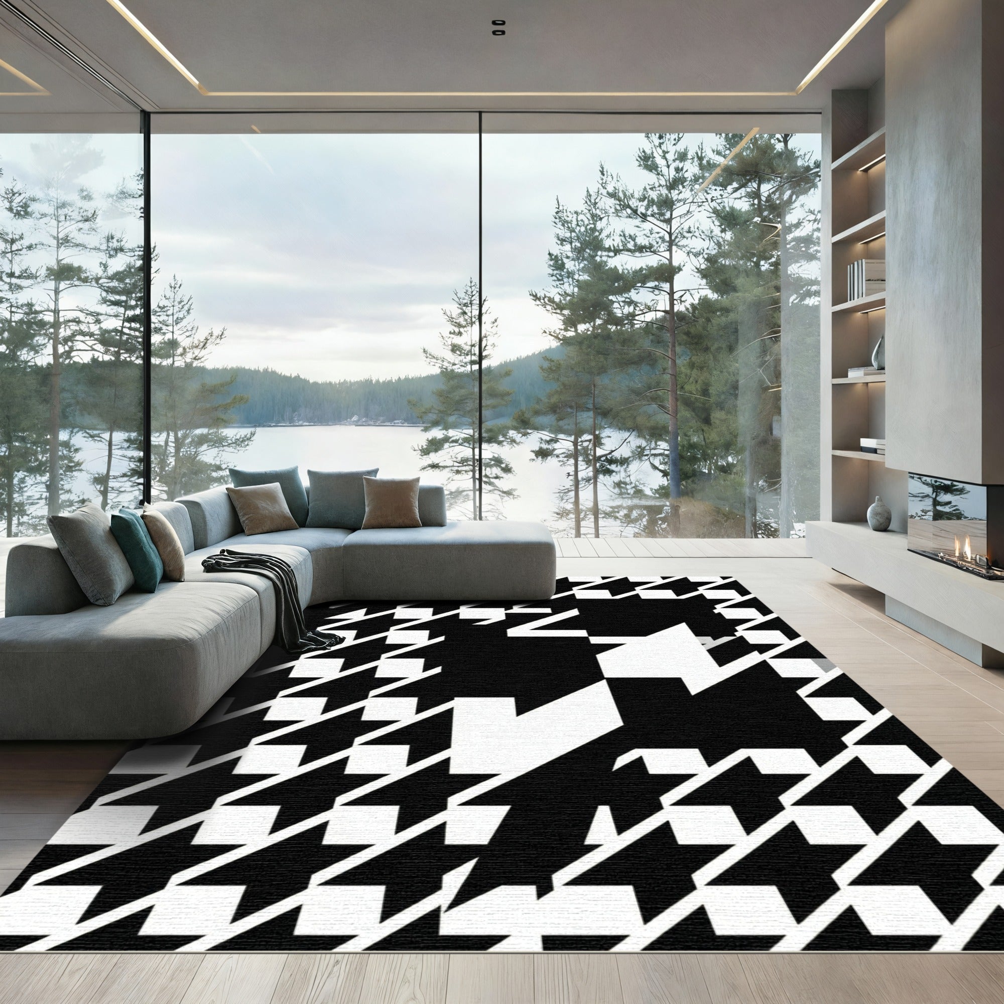 Bold Black and White Houndstooth Abstract Rug