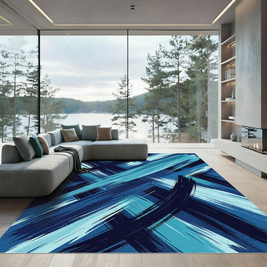 Deep Blue Abstract Brush Strokes Rug