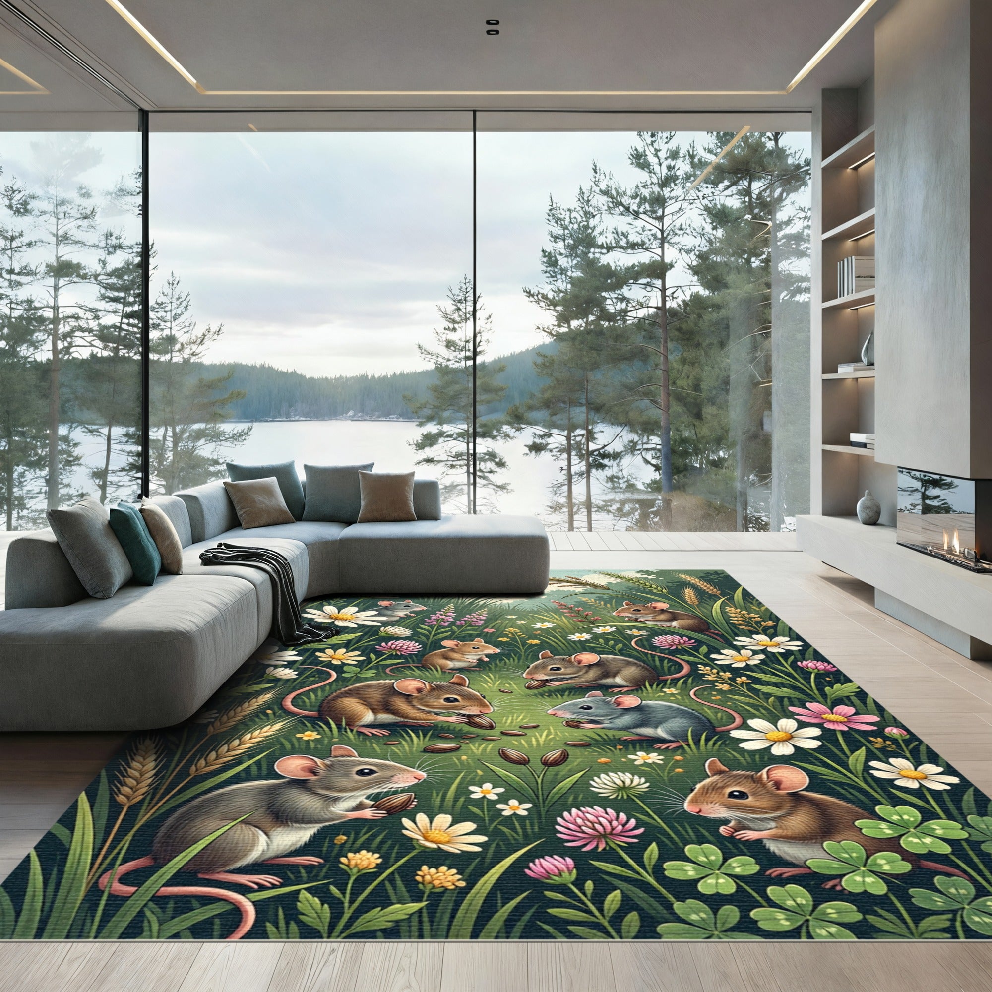 Whimsical Meadow Mice and Wildflowers Rug