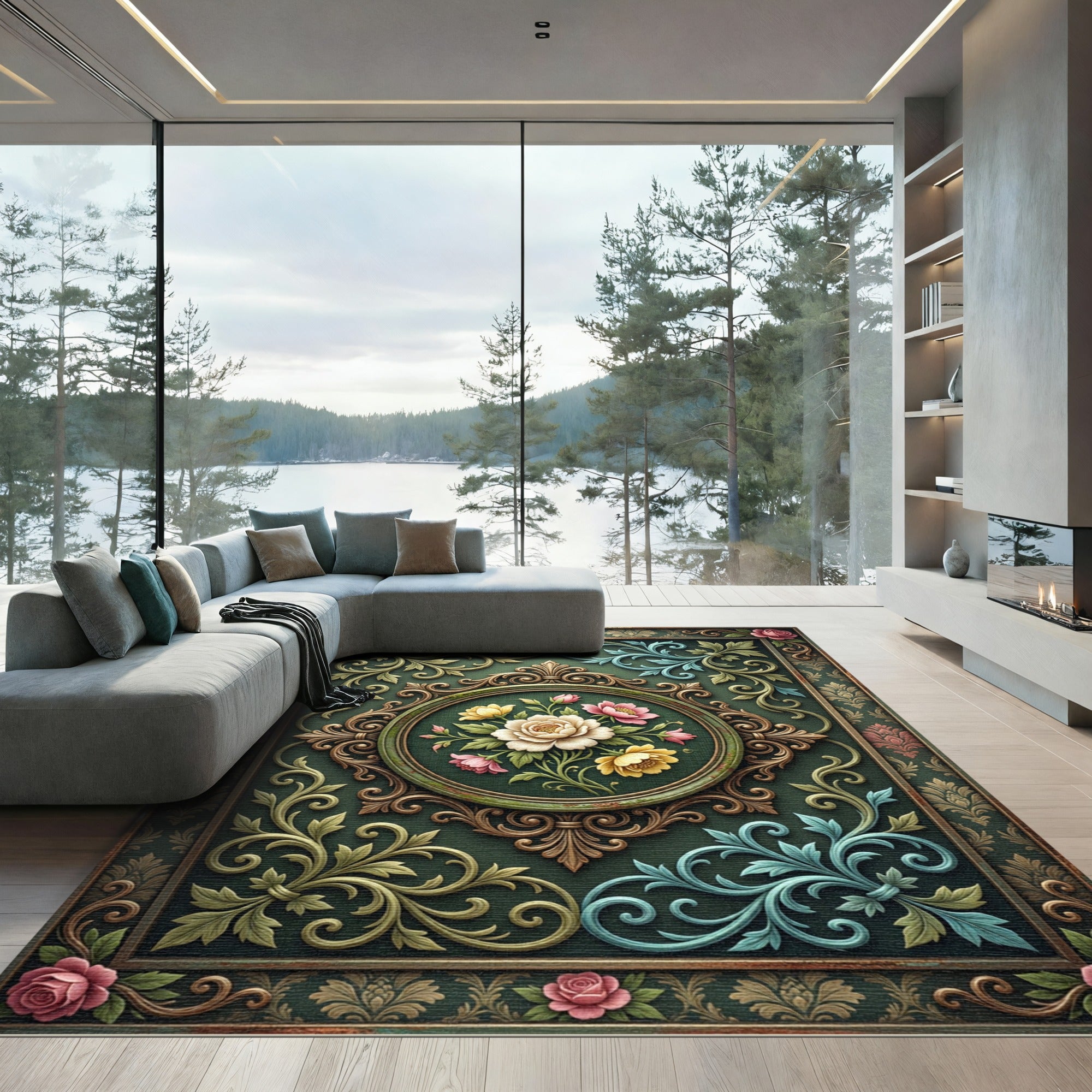 Elegant Moody Floral Medallion Sage Green Rug