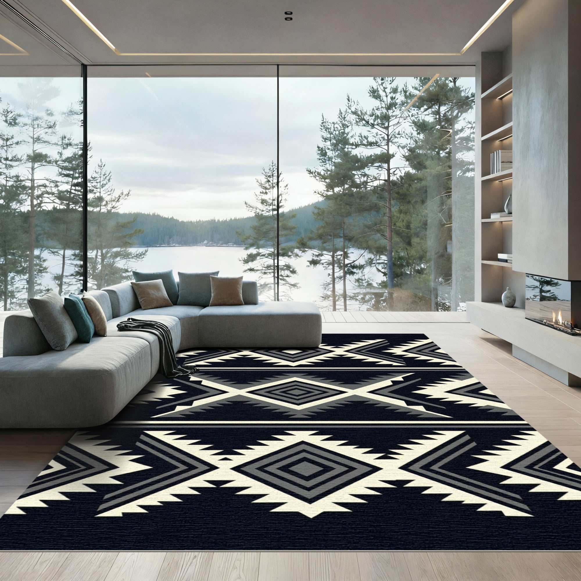 Monochrome Tribal Geometric Diamond Art Rug