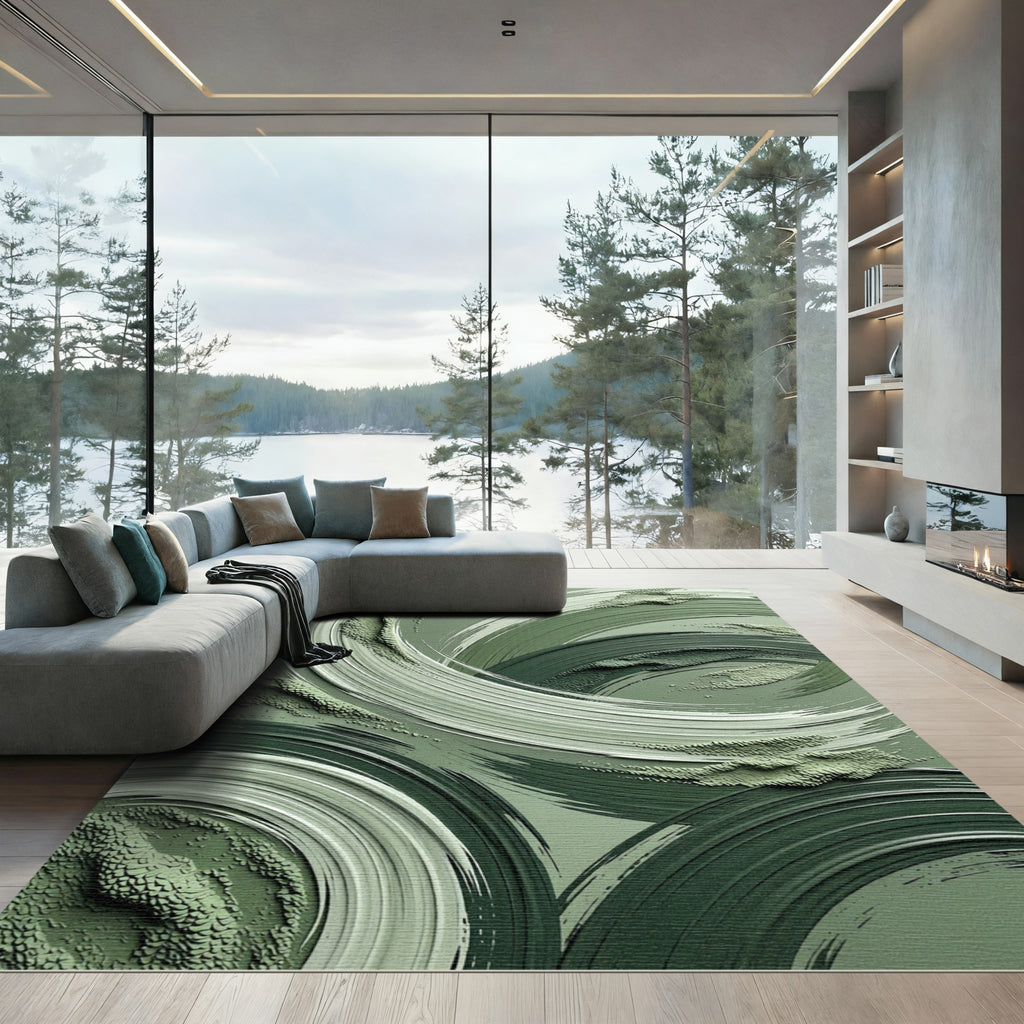 Muted Green Swirl Brushstroke Rug
