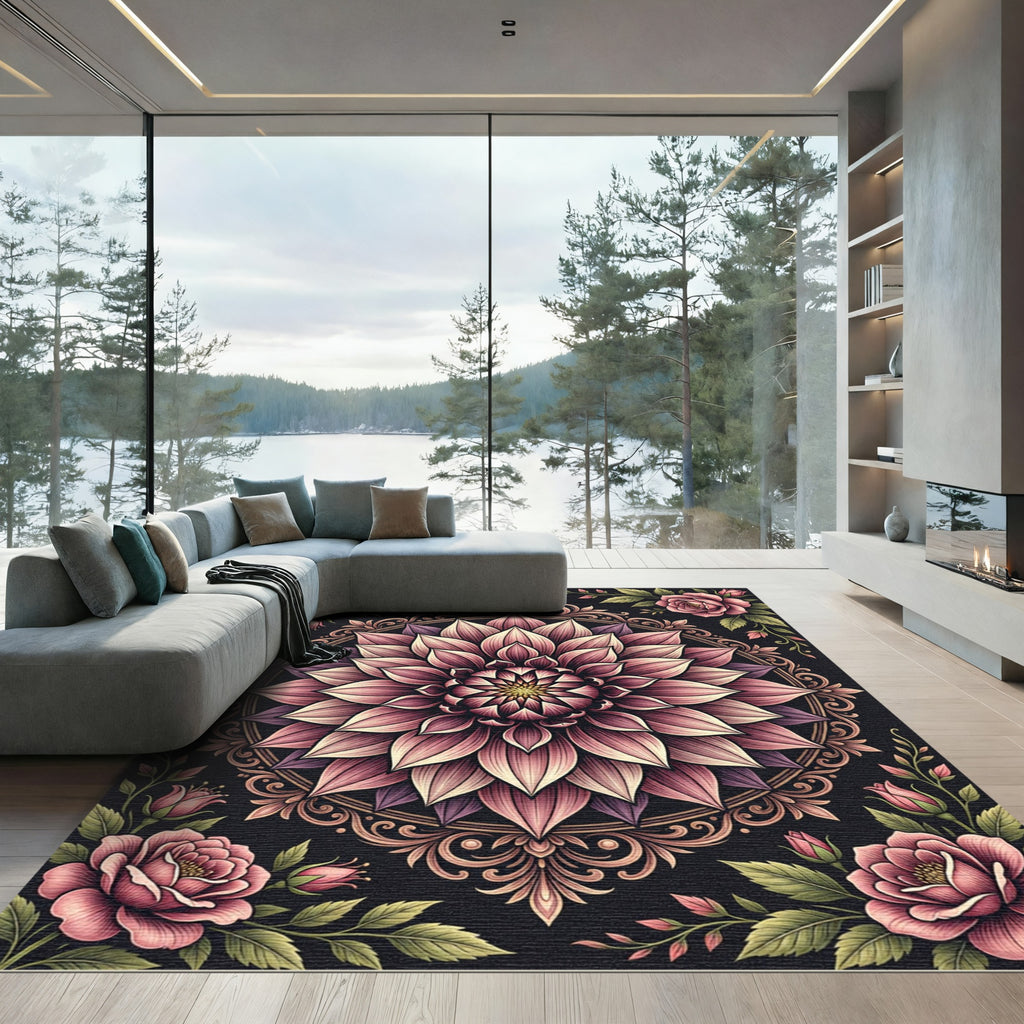 Ornate Pink Dahlia Floral Mandala Rug