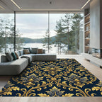 Elegant Gold Damask Navy Scroll Rug