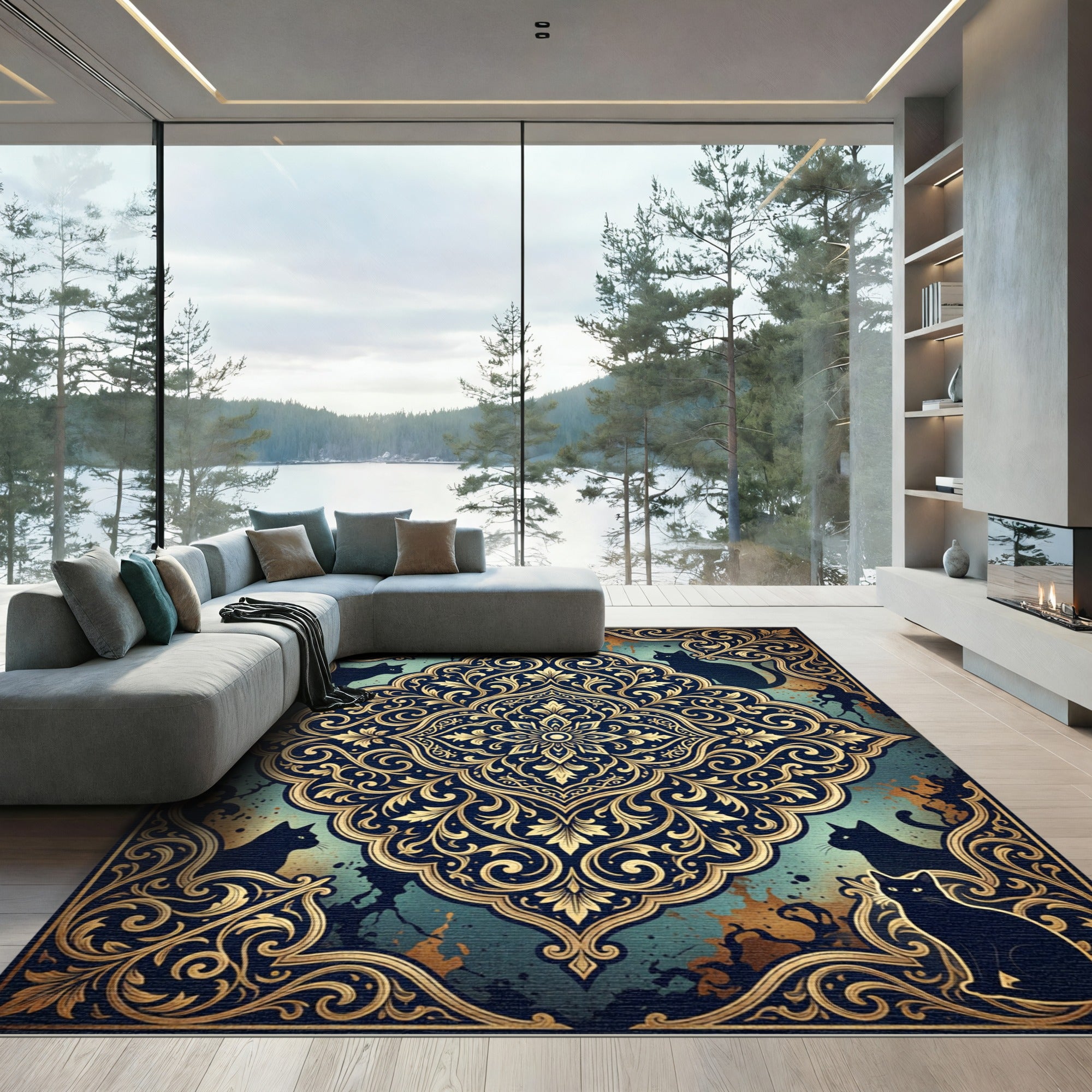 Ornate Gold Filigree Black Cat Medallion Rug