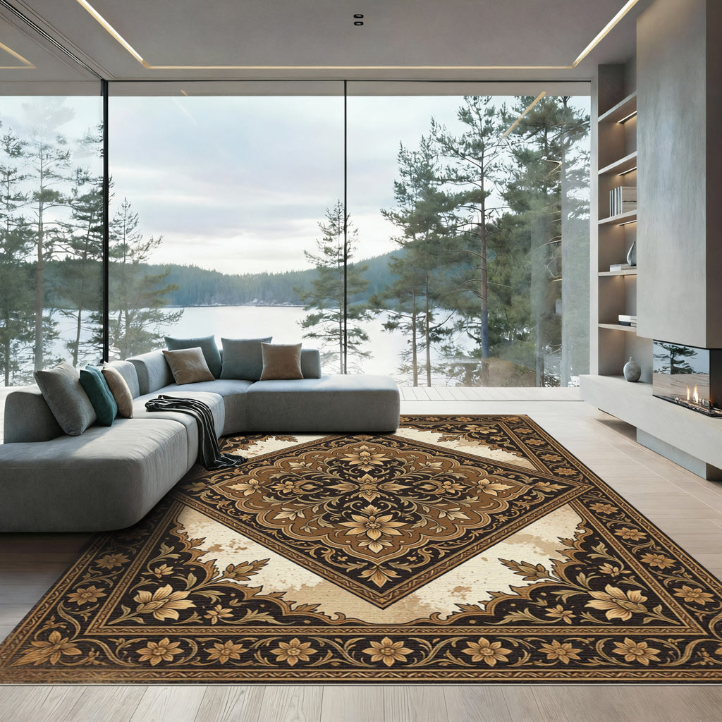Elegant Golden Floral Diamond Medallion Rug