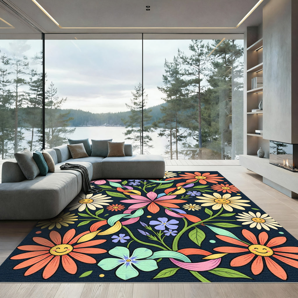 Whimsical Retro Daisy Floral Garden Rug