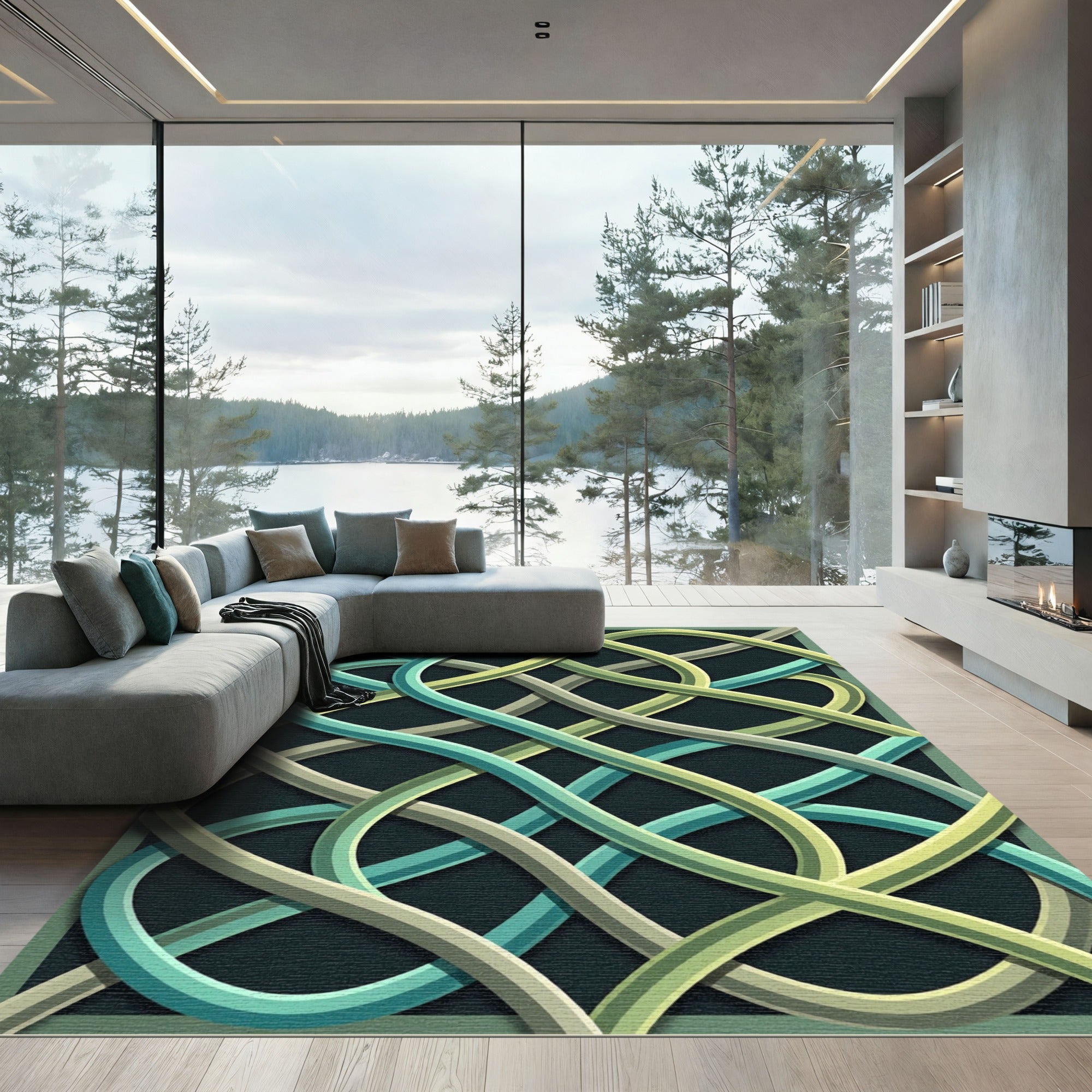 Modern Sage Teal Interlocking Ribbon Curve Rug