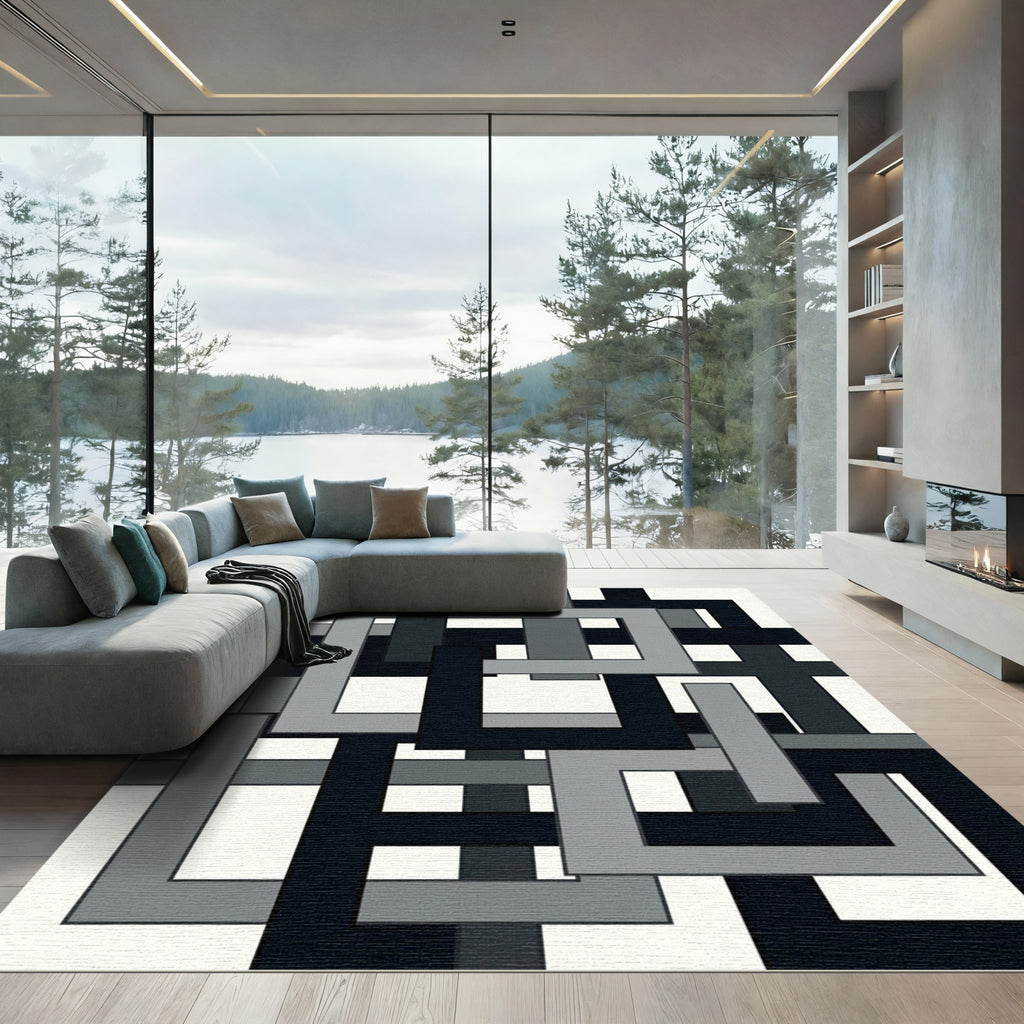 Contemporary Monochrome Interlocking Geometric Square Rug