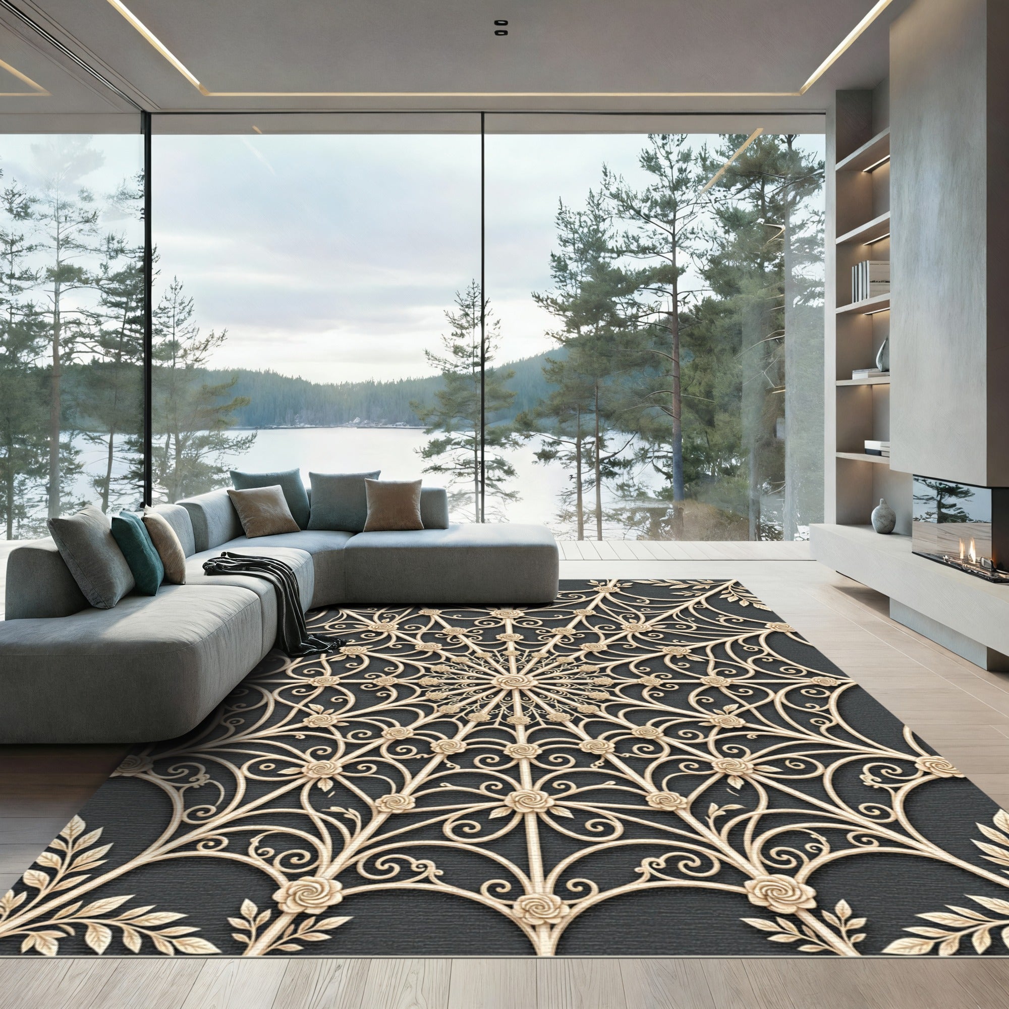 Cream Floral Rose Medallion Lattice Rug