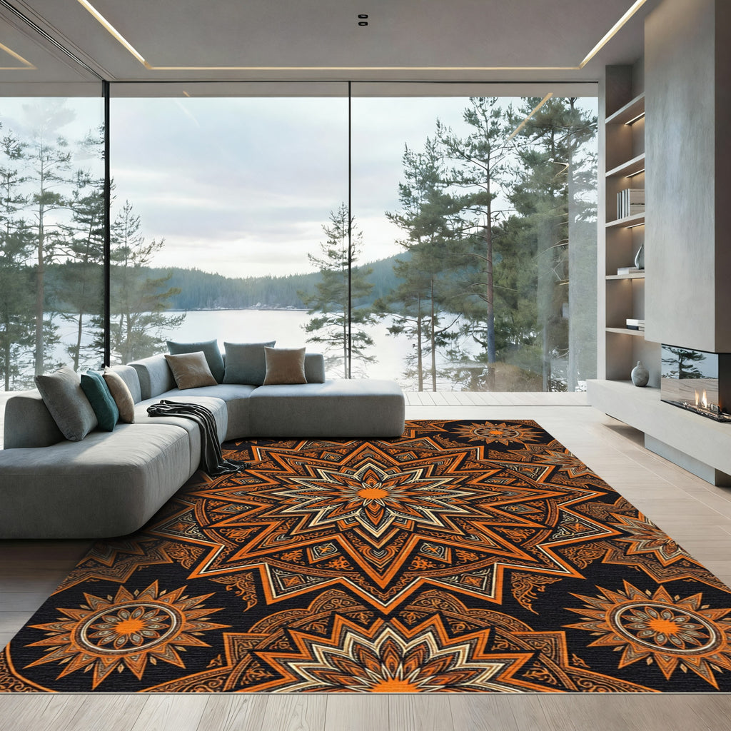 Orange Starburst Mandala Repeating Pattern Rug