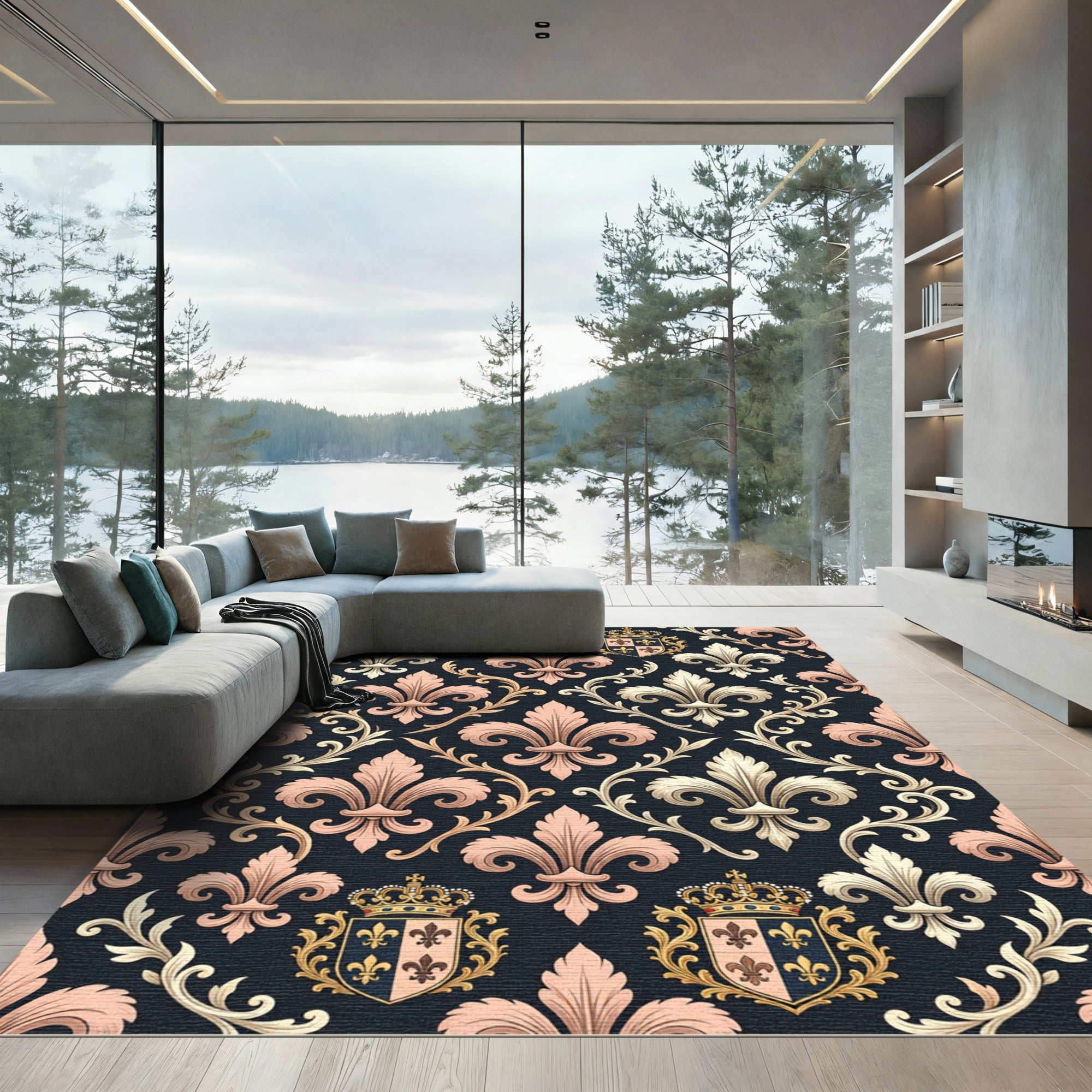 Regal Pink Floral Crested Damask Rug