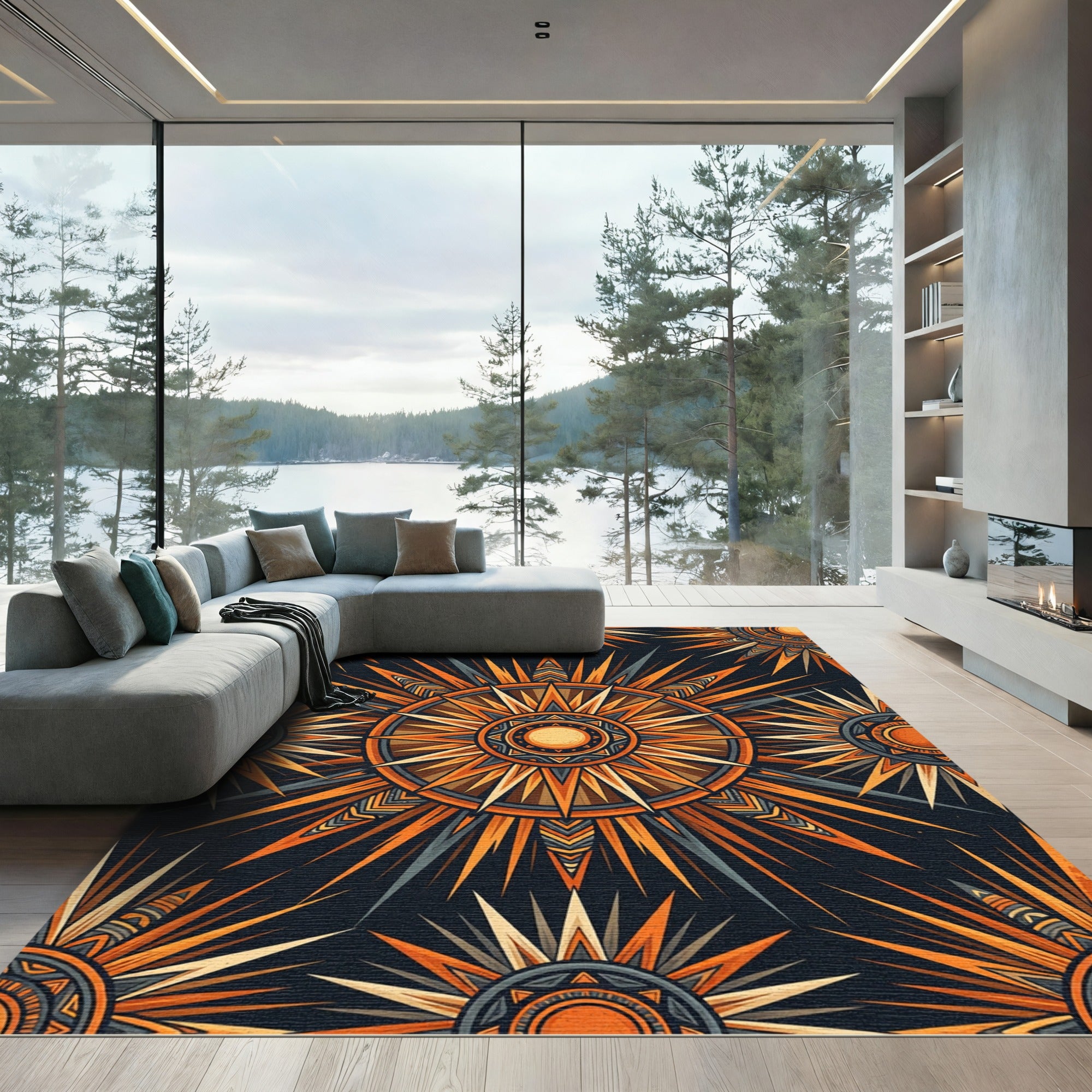 Radiant Amber Celestial Sunburst Medallion Rug