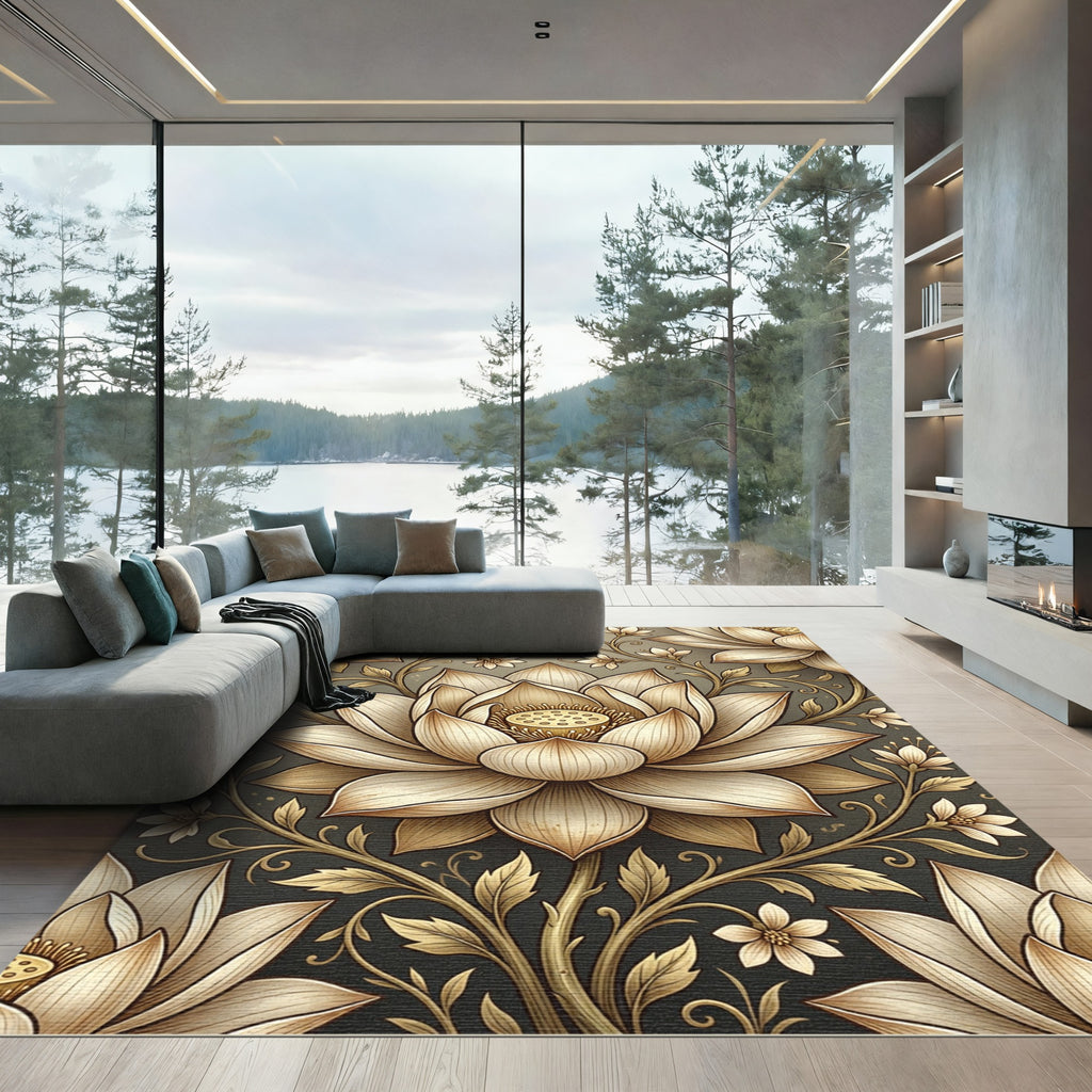 Elegant Golden Lotus Floral Art Rug