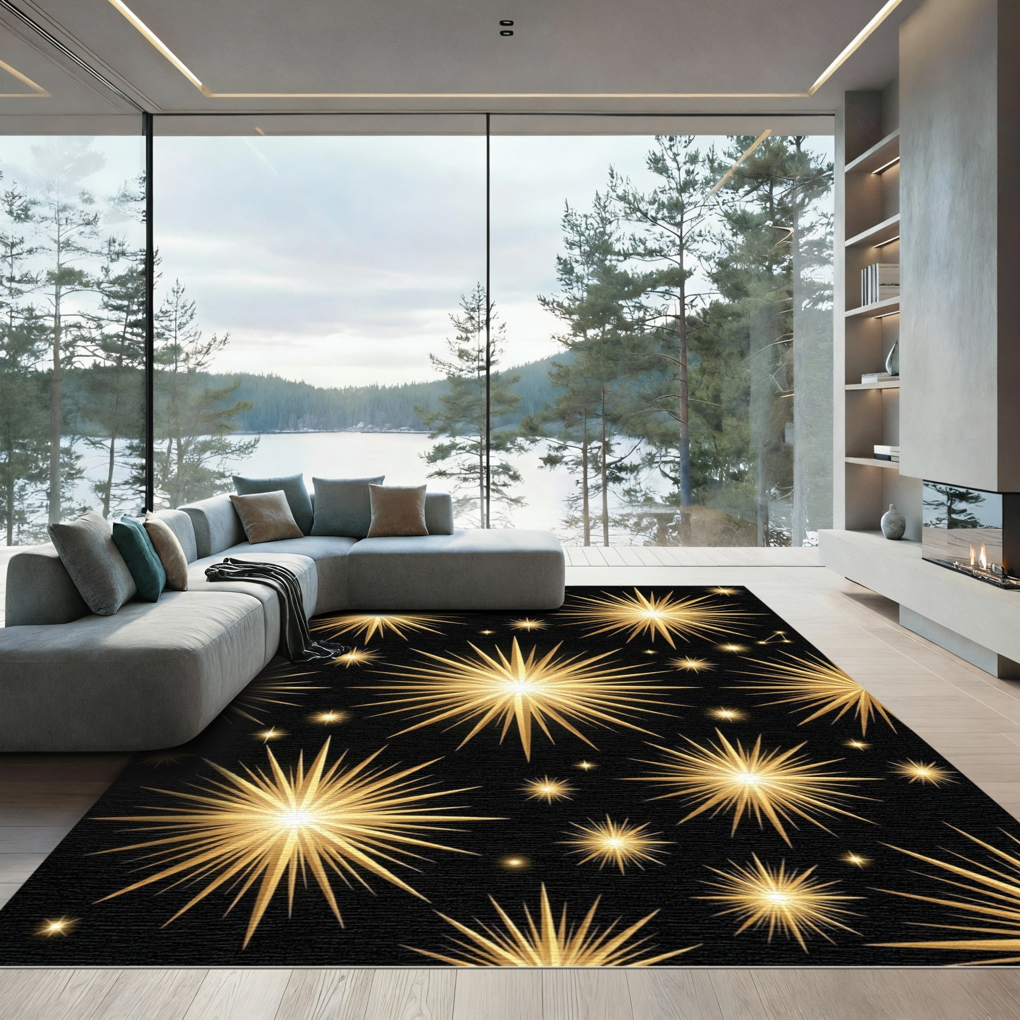 Golden Celestial Starburst Night Sky Rug