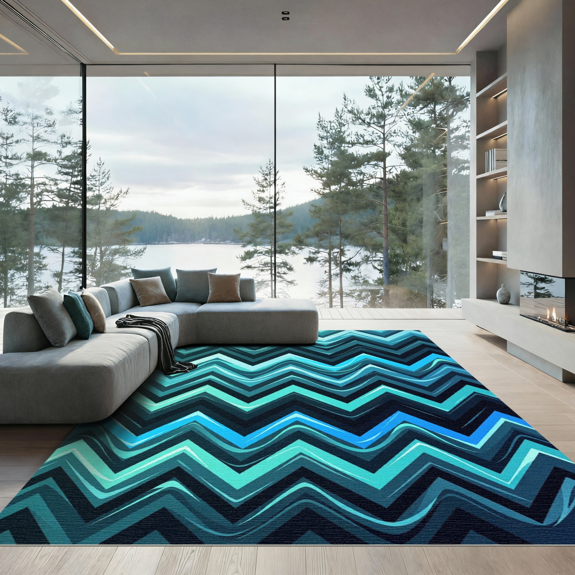 Aqua Blue Wavey Chevron Rug
