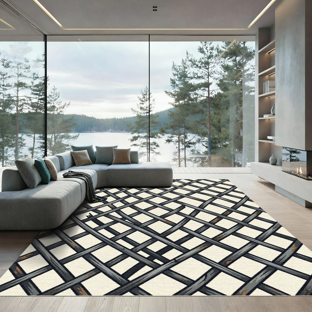 Distressed Charcoal Intersecting Lattice Grid Rug