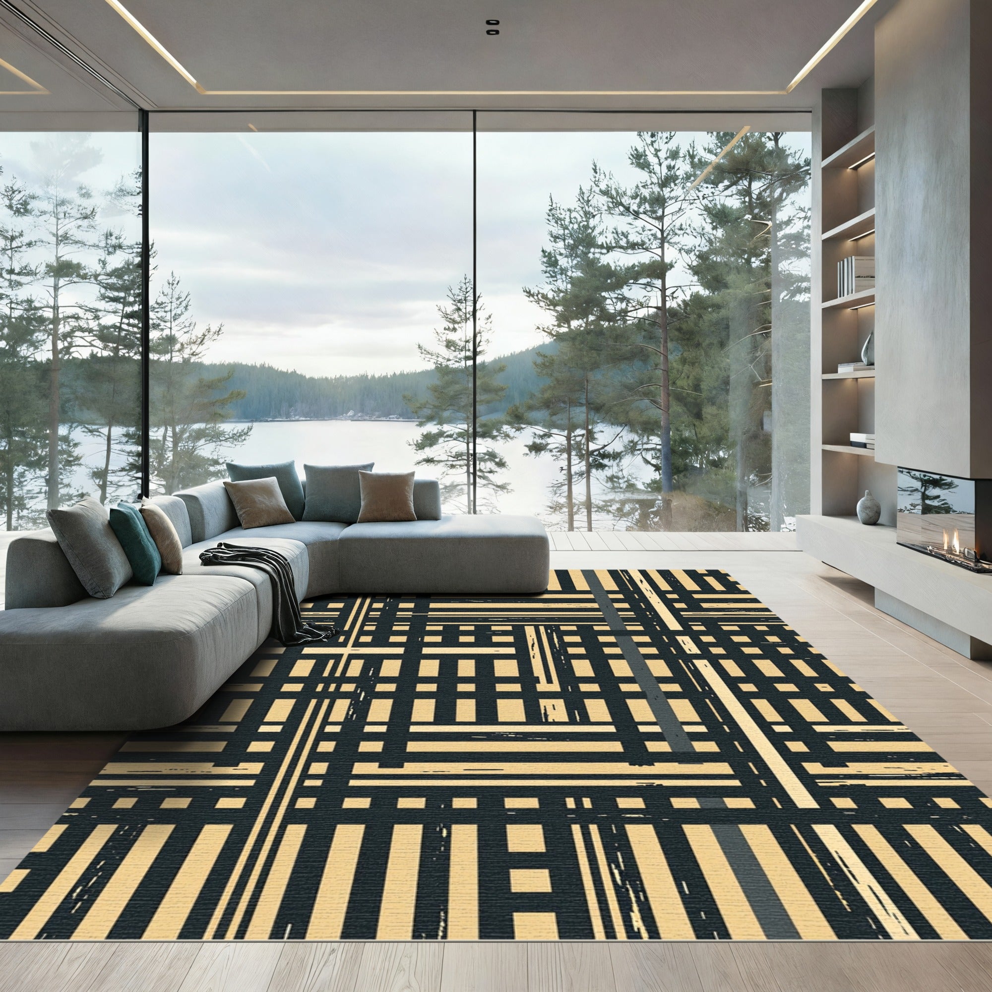 Earthy Tan Black Interlocking Plaid Rug