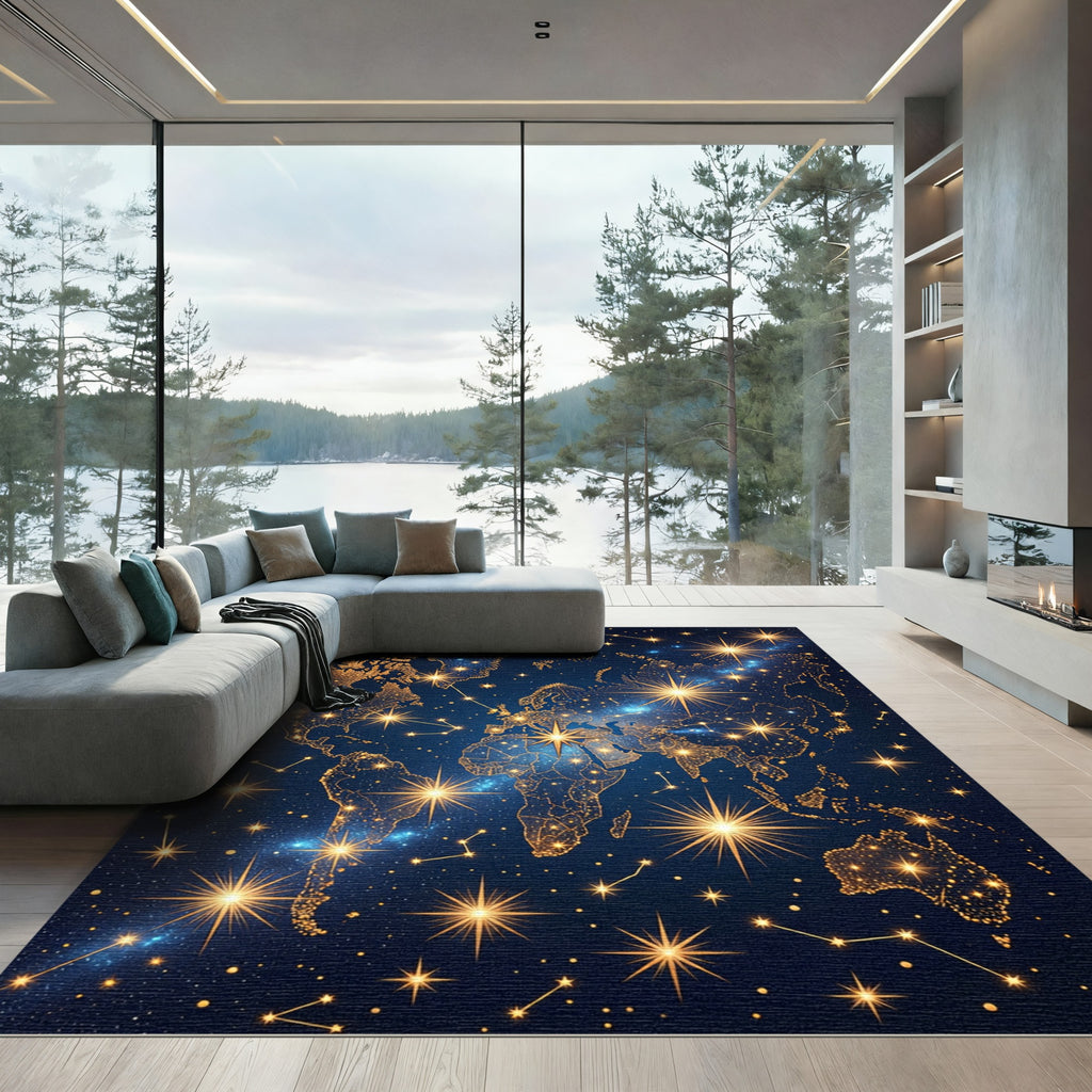 Celestial Gold Constellation World Map Rug