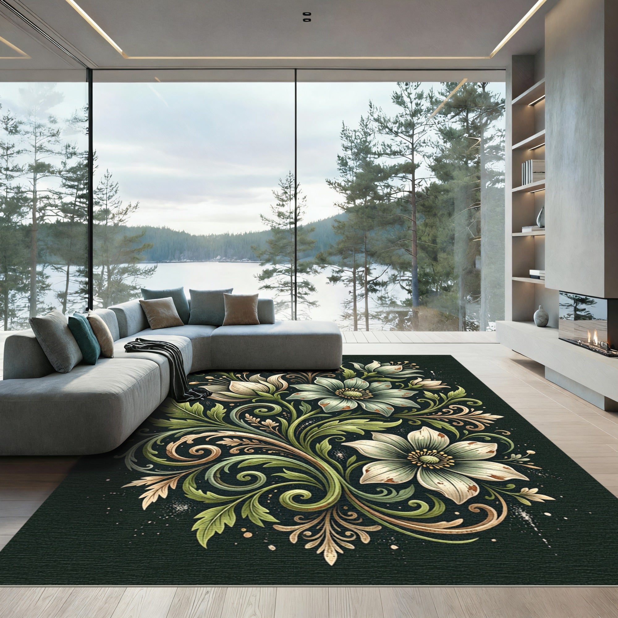 Earthy Sage Floral Scroll Botanical Rug