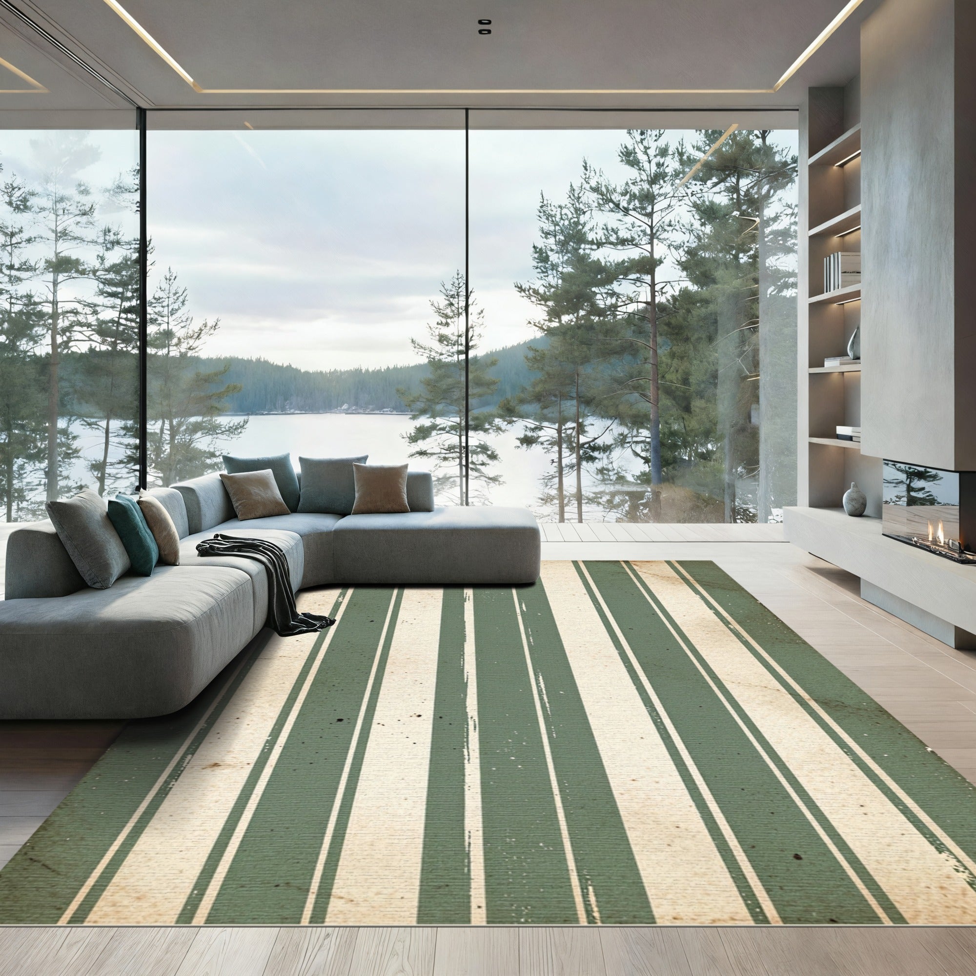 Vintage Sage Cream Vertical Striped Rug