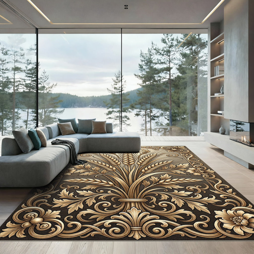 Ornate Golden Wheat Bundle Scrollwork Rug