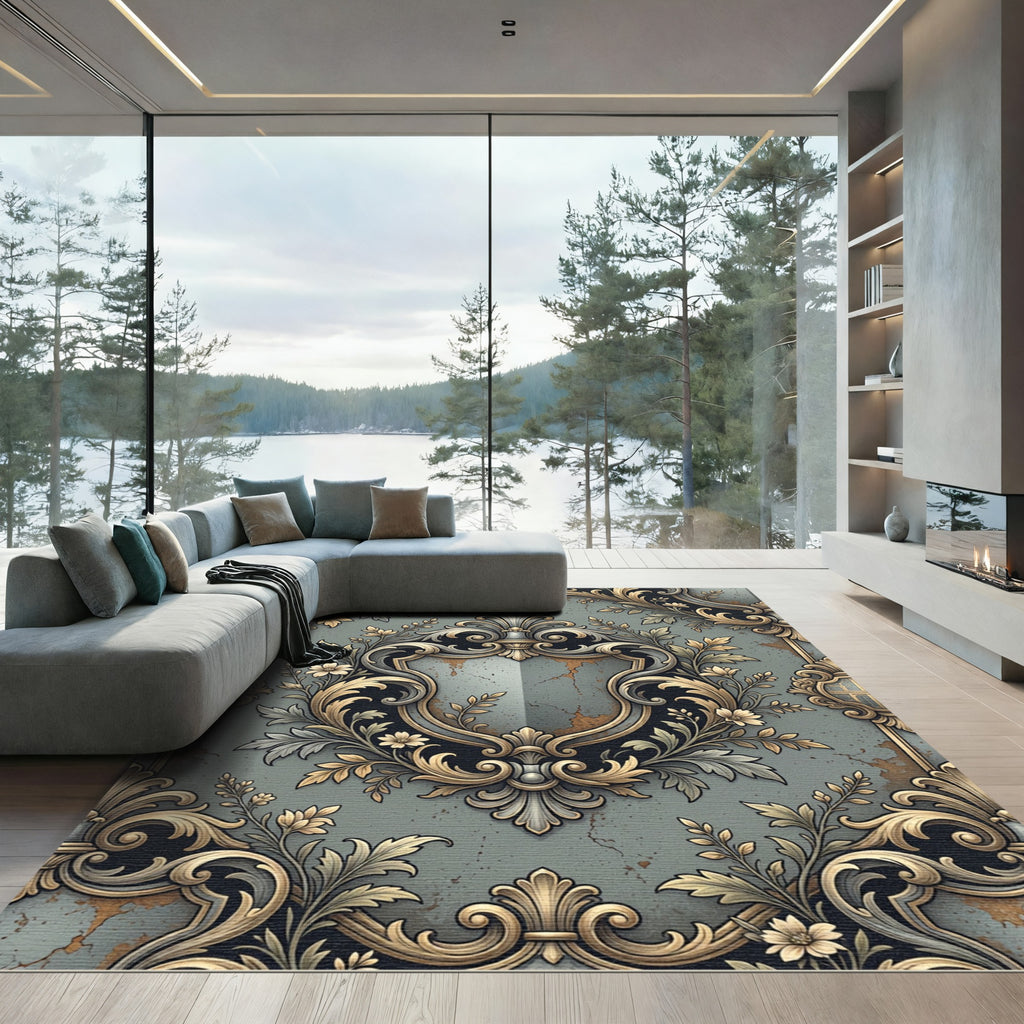 Ornate Gilded Floral Scrollwork Rug