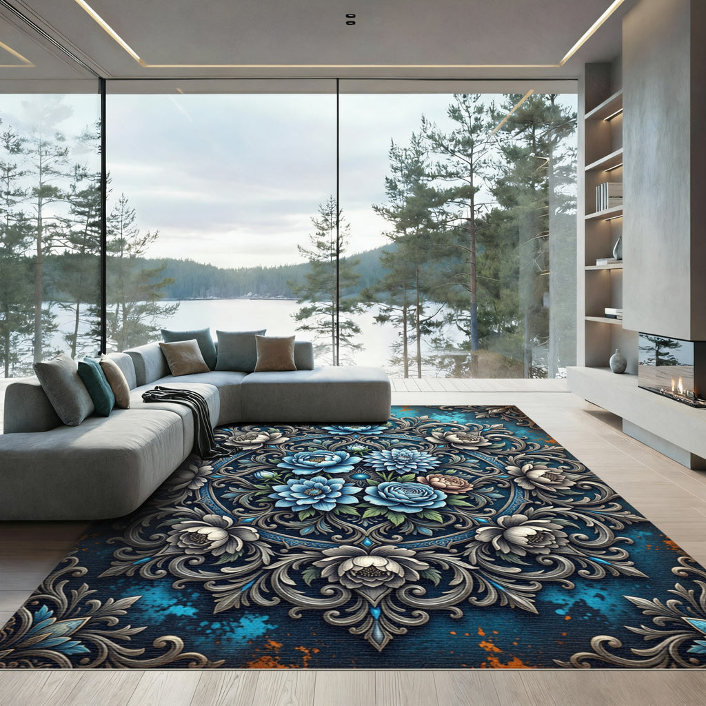Ornate Blue Floral Damask Medallion Rug