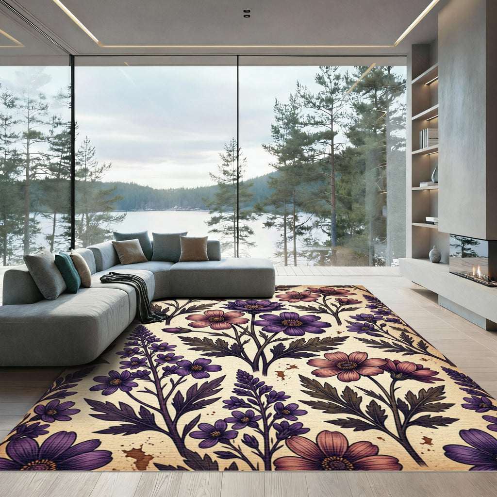 Antique Purple Floral Botanical Meadow Rug