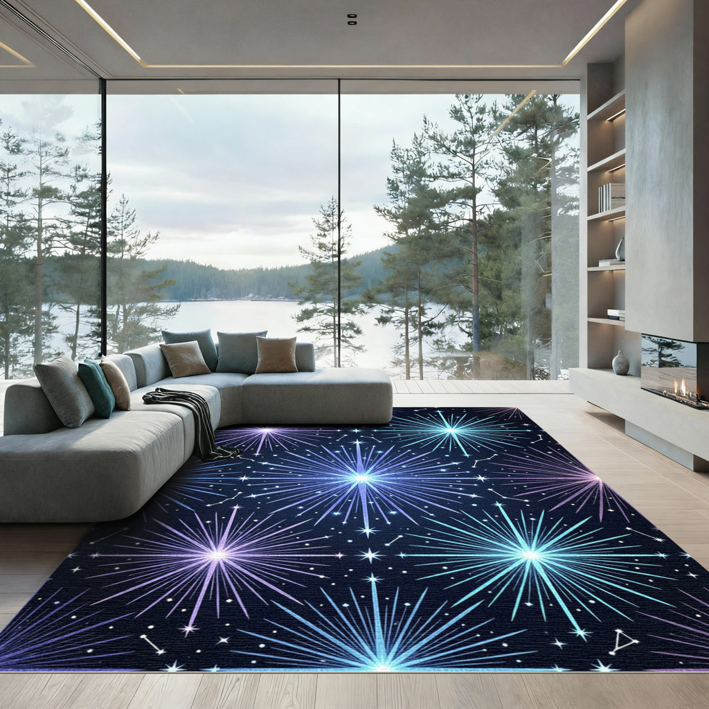 Cosmic Teal Purple Starburst Constellation Rug