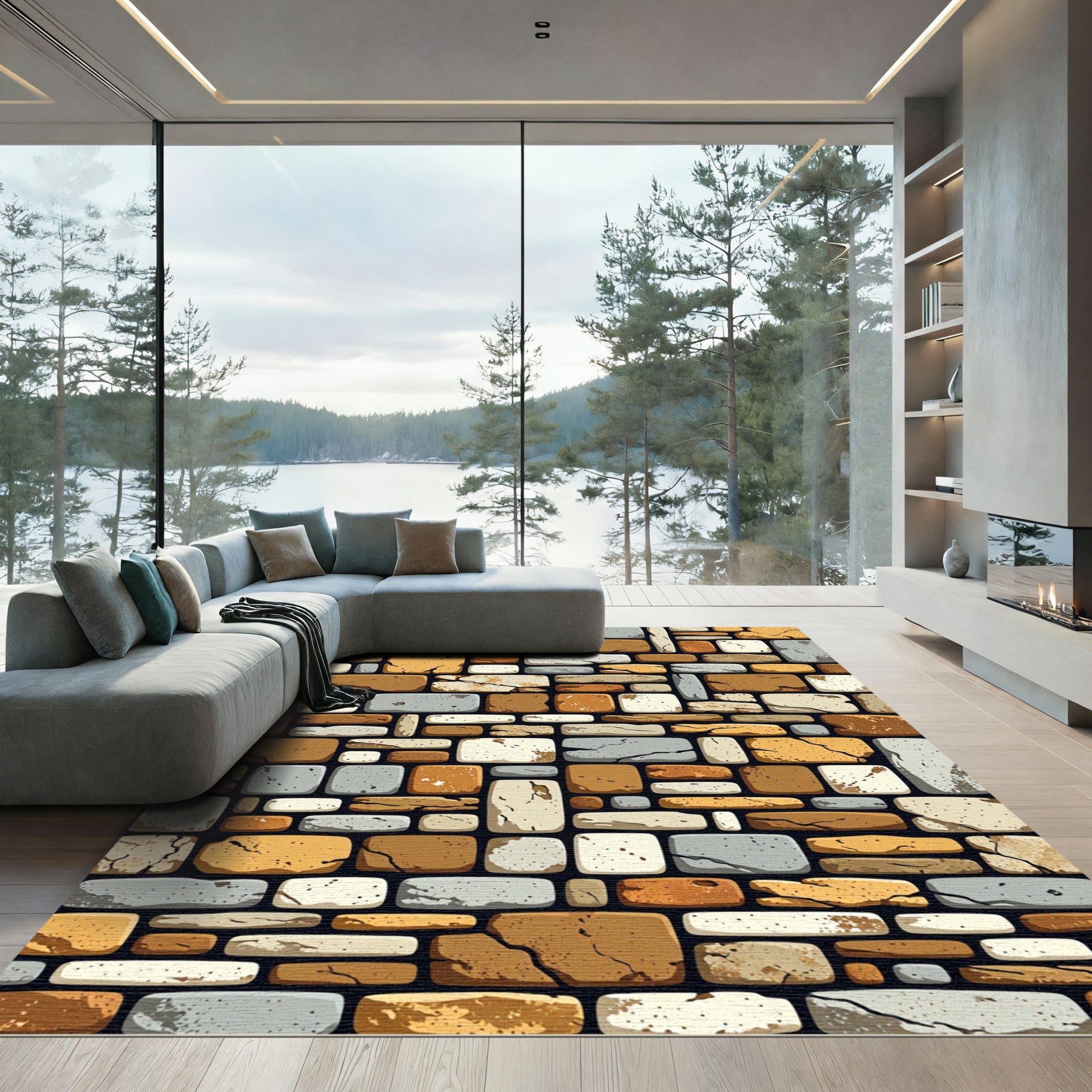 Rustic Stacked Stone Wall Texture Rug