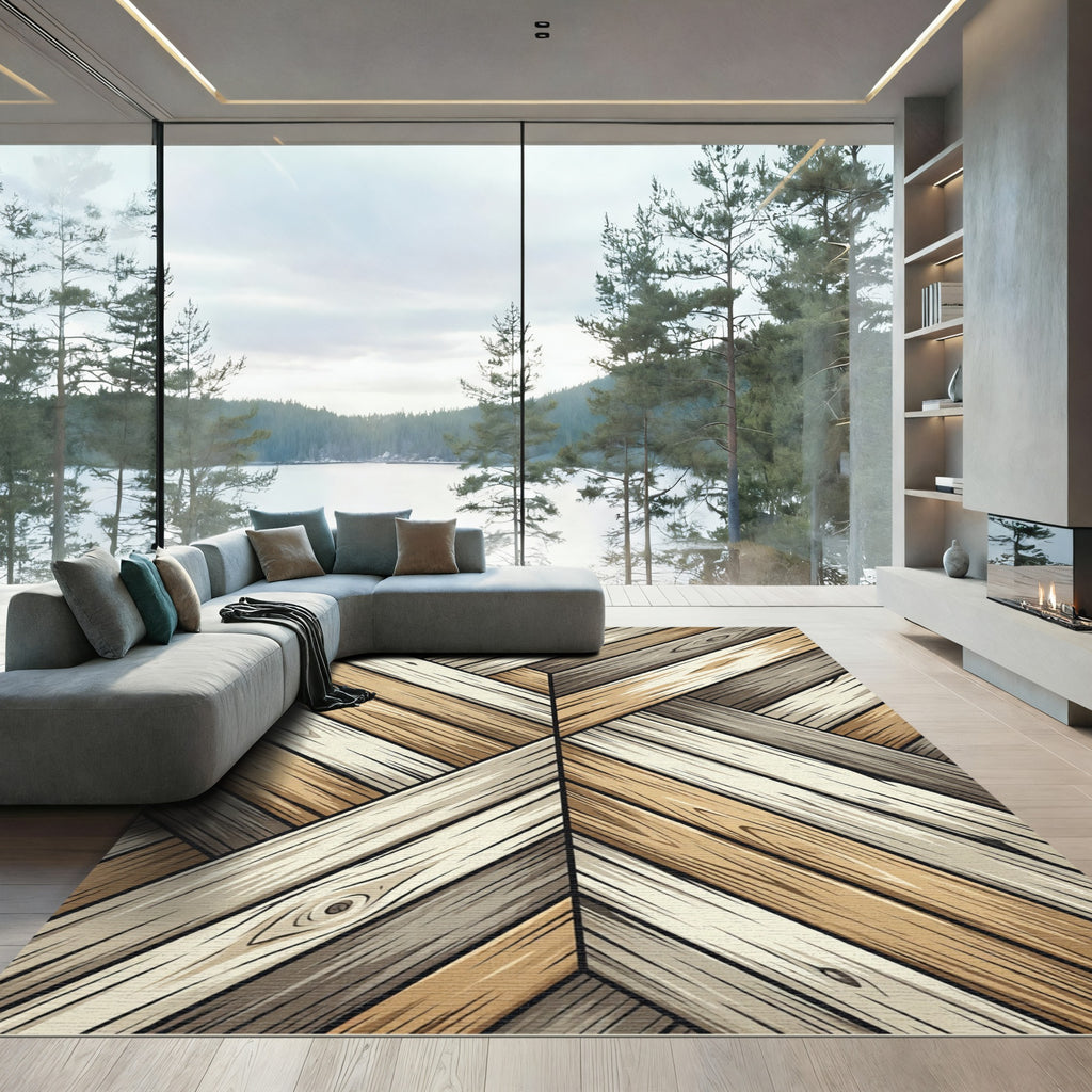 Neutral Herringbone Wood Grain Plank Rug