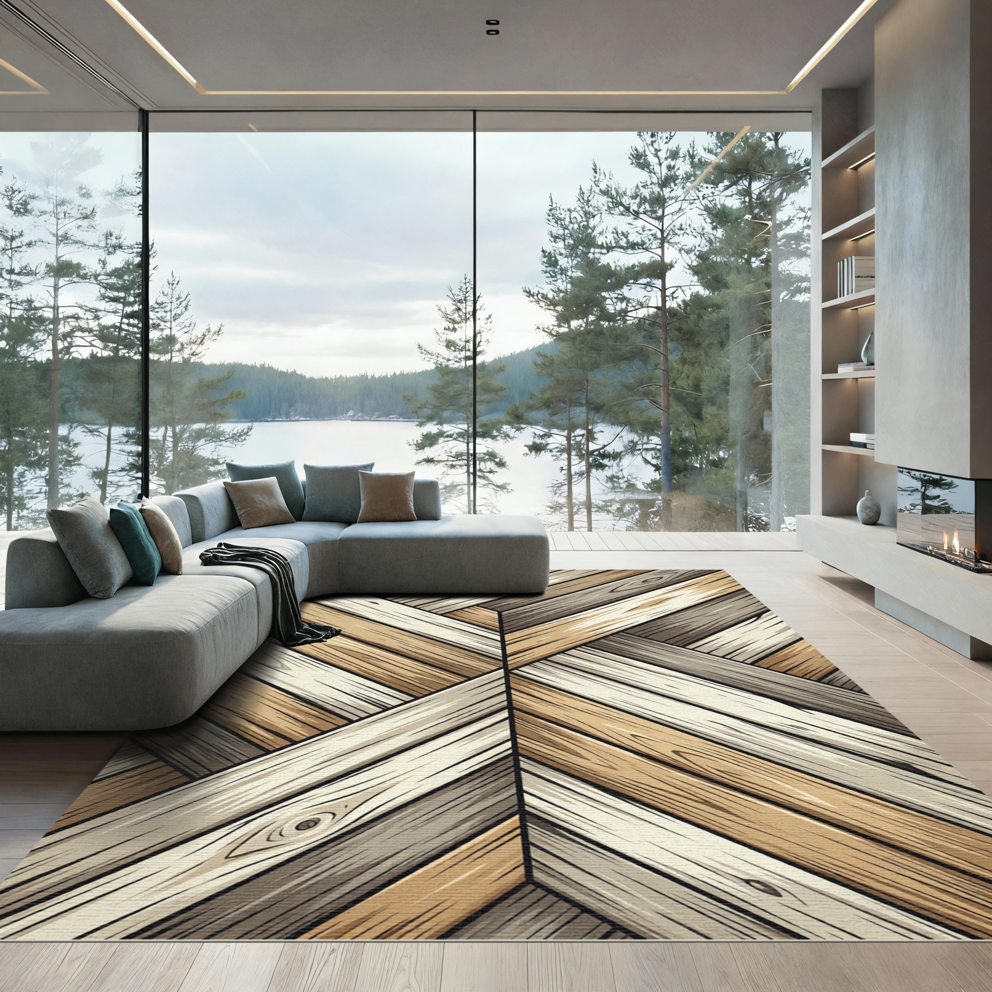 Neutral Herringbone Wood Grain Plank Rug