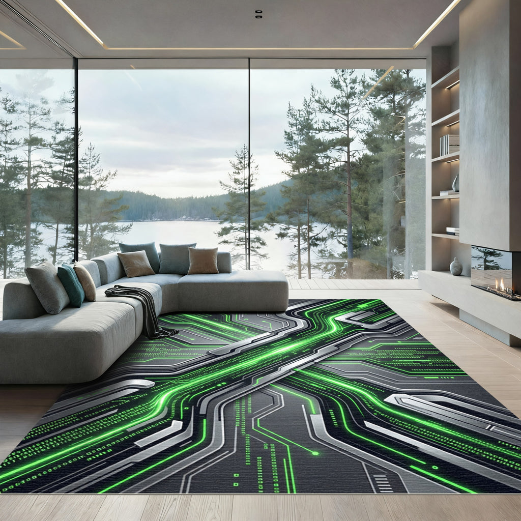 Neon Cyber Circuit Matrix Glow Rug