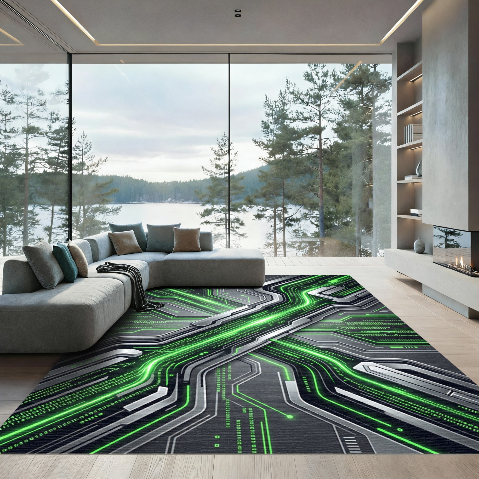 Neon Cyber Circuit Matrix Glow Rug