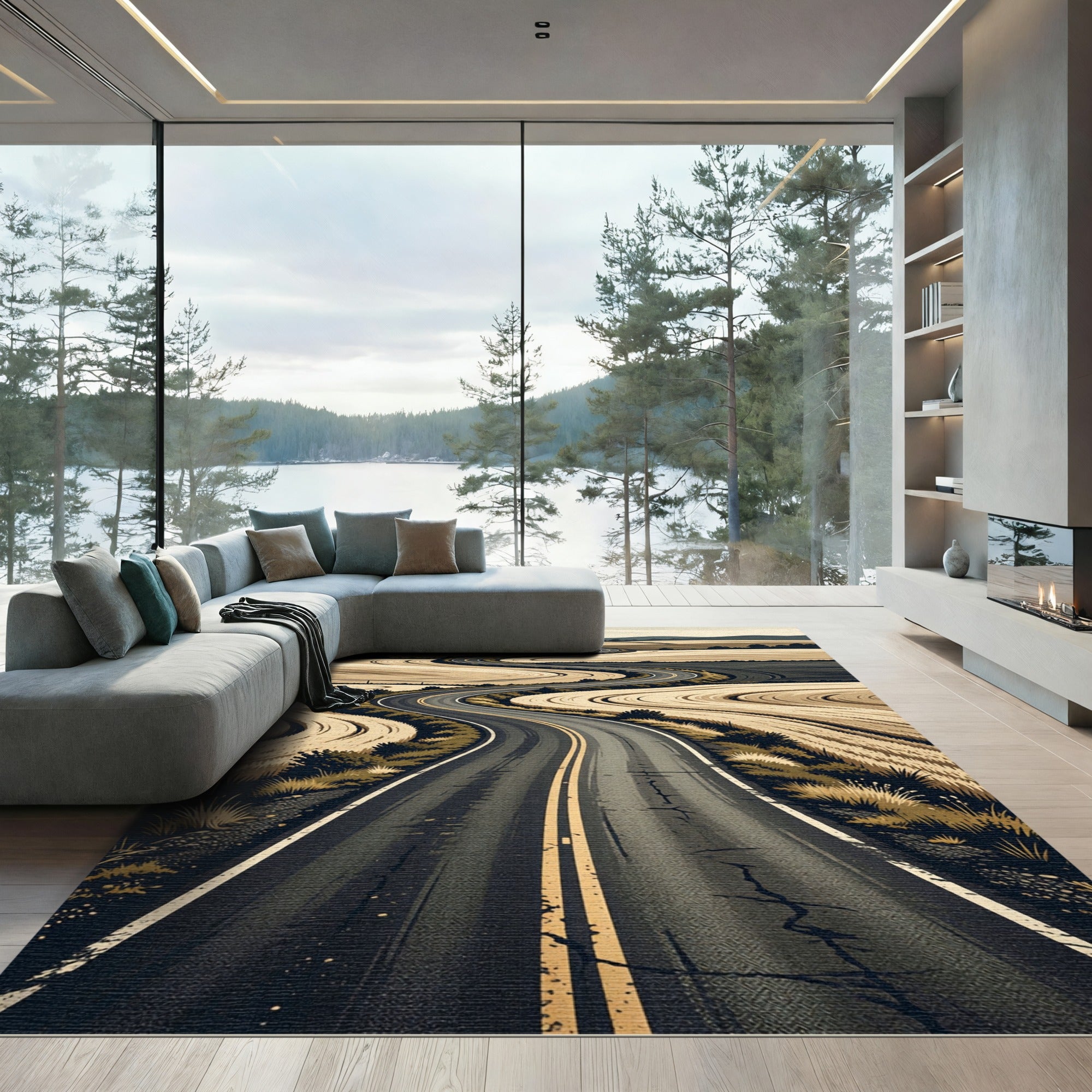 Winding Country Road Scenic Landscape Rug