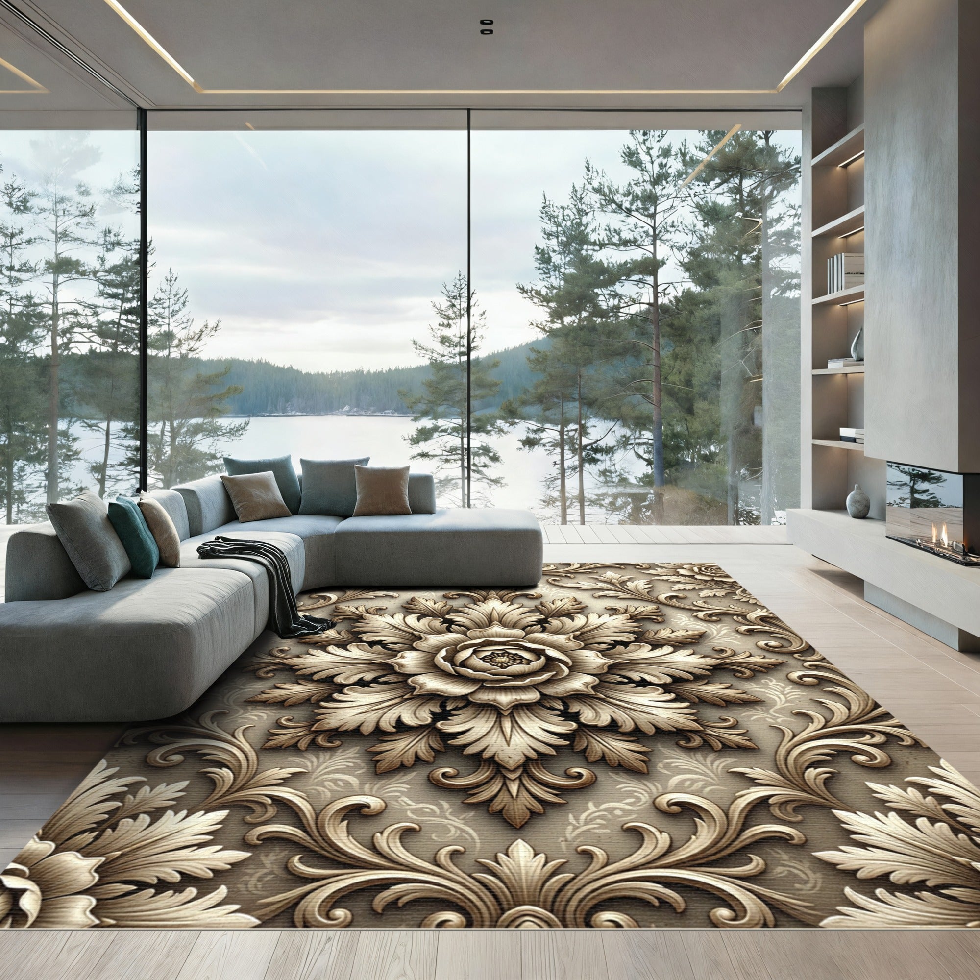 Elegant Champagne Floral Acanthus Medallion Rug